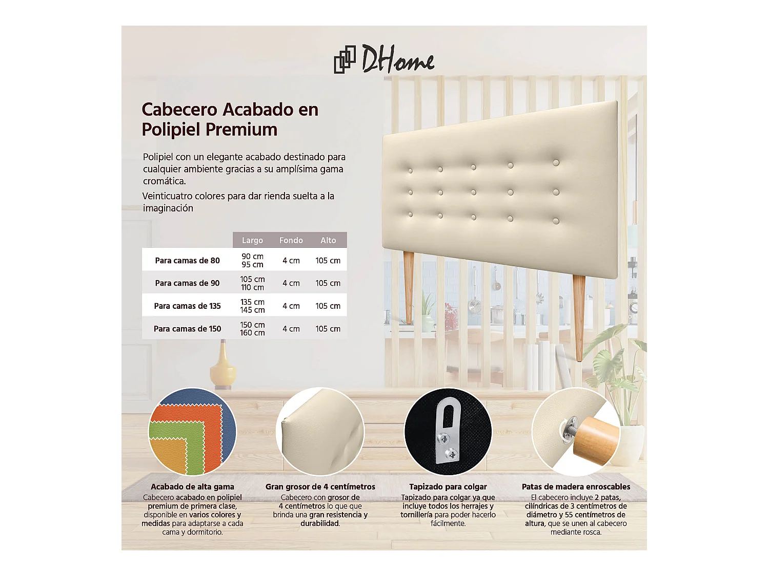 DHOME Testiera in ecopelle con 3 file di bottoni Testiera imbottita per letto di lusso (Vaniglia, 105cm)