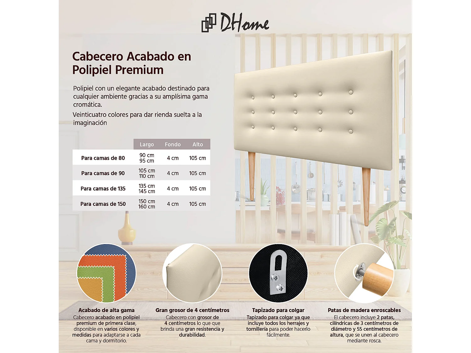 DHOME Tête de lit en simili cuir avec 3 rangées de boutons Tête de lit rembourrée pour lit de luxe (Vanille, 105cm)