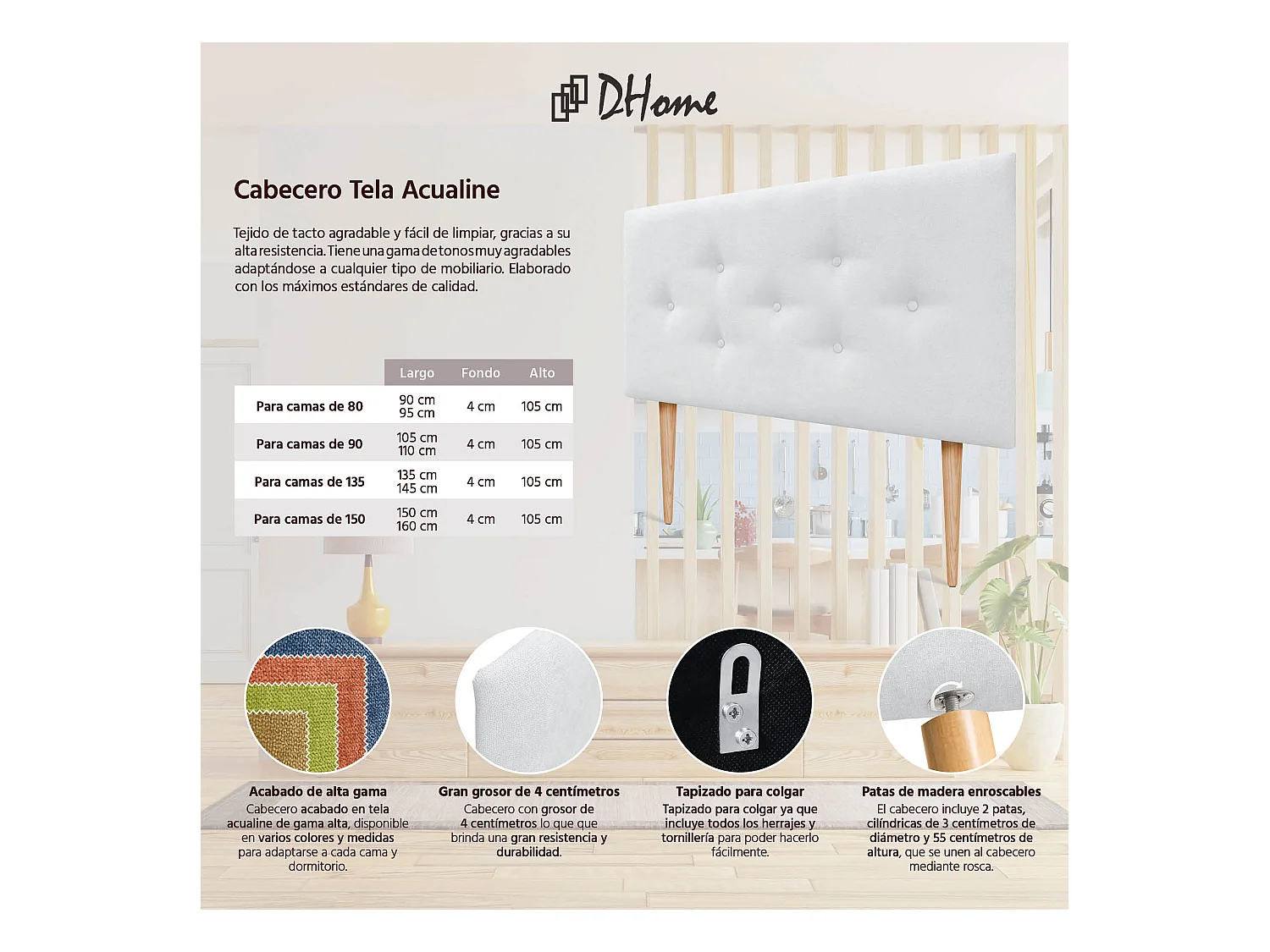 DHOME Tête de Lit en Tissu ACUALINE avec 3 Rangées Entrelacées de Boutons et Pieds Tête de Lit Capitonnée de Luxe(Blanc, 105cm)