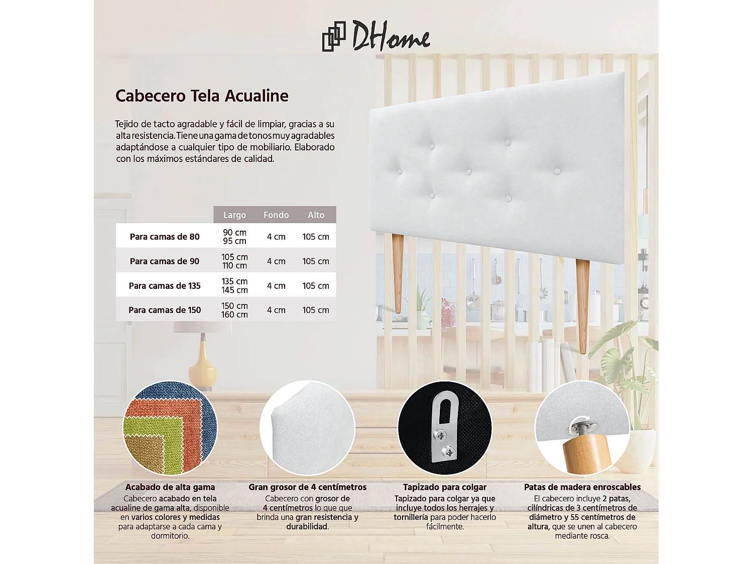 DHOME Tête de Lit en Tissu ACUALINE avec 3 Rangées Entrelacées de Boutons et Pieds Tête de Lit Capitonnée de Luxe(Blanc, 105cm)