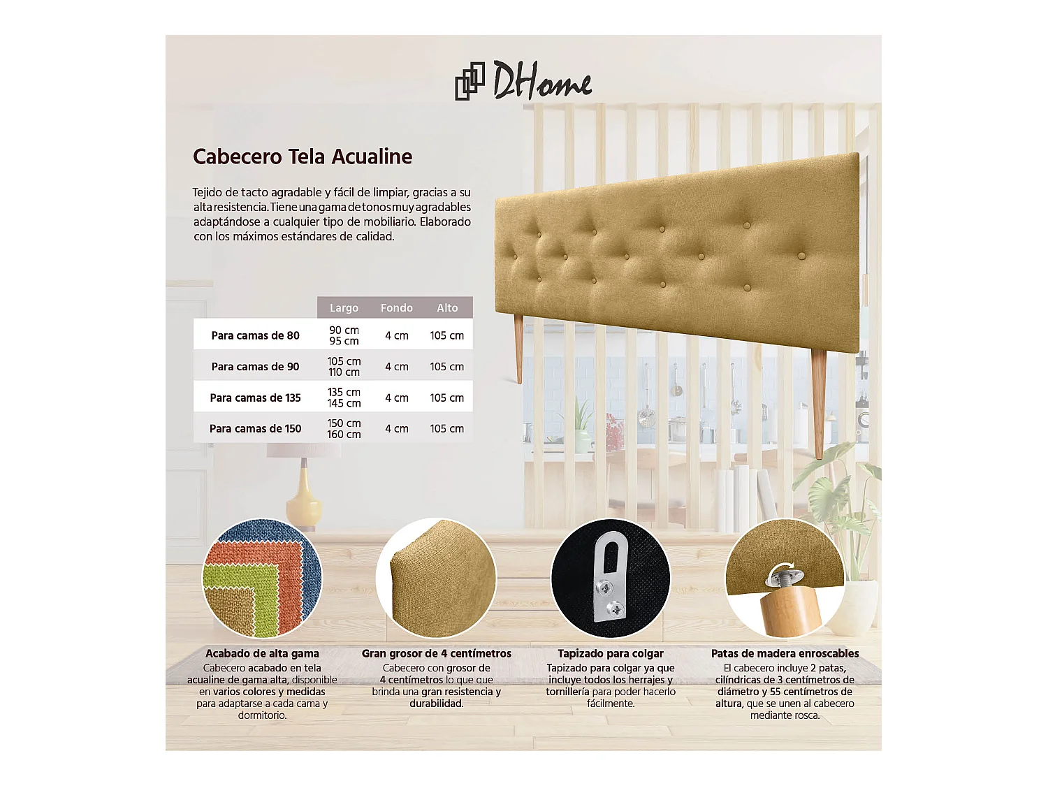 DHOME Tête de Lit en Tissu ACUALINE avec 3 Rangées Entrelacées de Boutons et Pieds Tête de Lit Capitonnée de Luxe(Moutarde, 160cm)