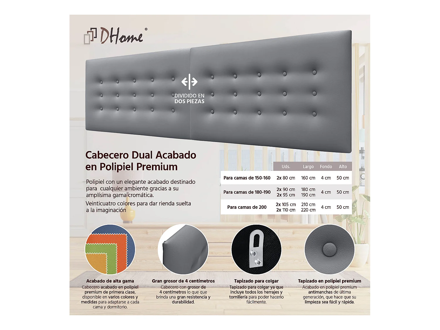 DHOME Kopfteil de Kunstleder mit 3 Knopfreihen gepolstertes luxuriöses Bettkopfteil (Gris, 180cm (2 piezas))