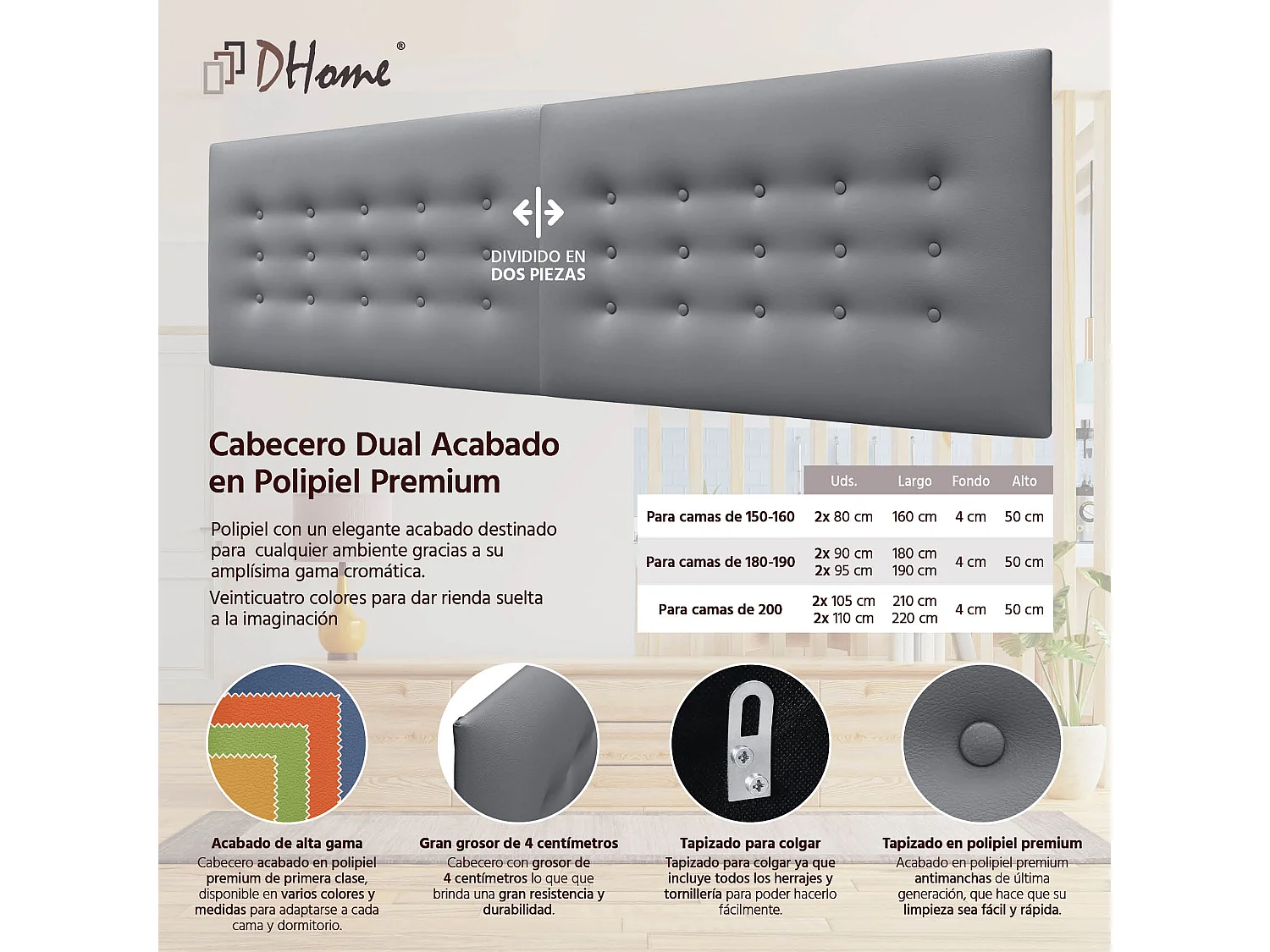 DHOME Tête de Lit en Similicuir avec 3 Rangées de Boutons Tête de Lit Rembourrée de Luxe (Gris, 180cm (2 pièces))