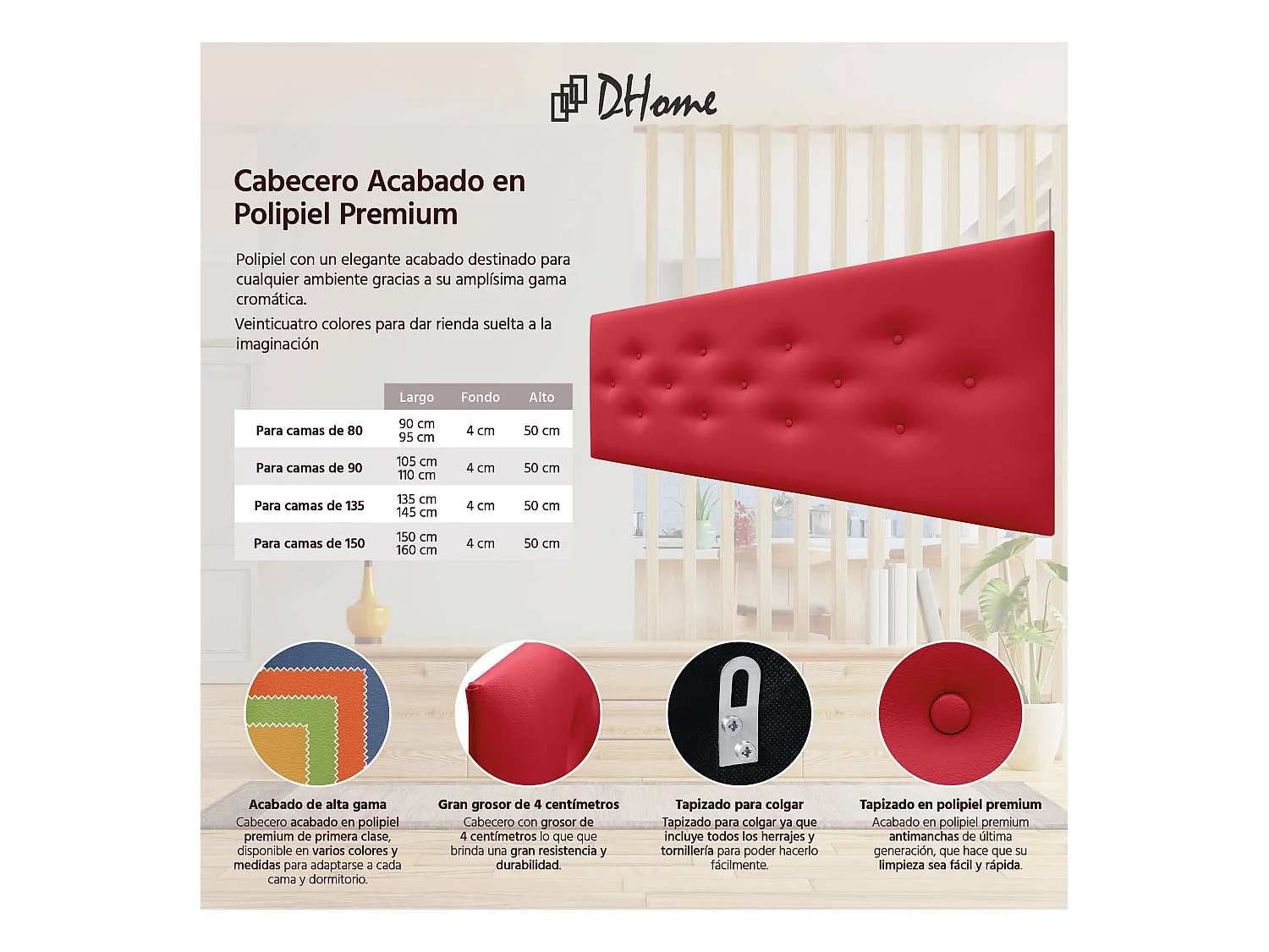 DHOME Tête de Lit en Similicuir avec 3 Rangées de Boutons Entrelacées Tête de Lit Rembourrée de Luxe (Rouge, 135cm)