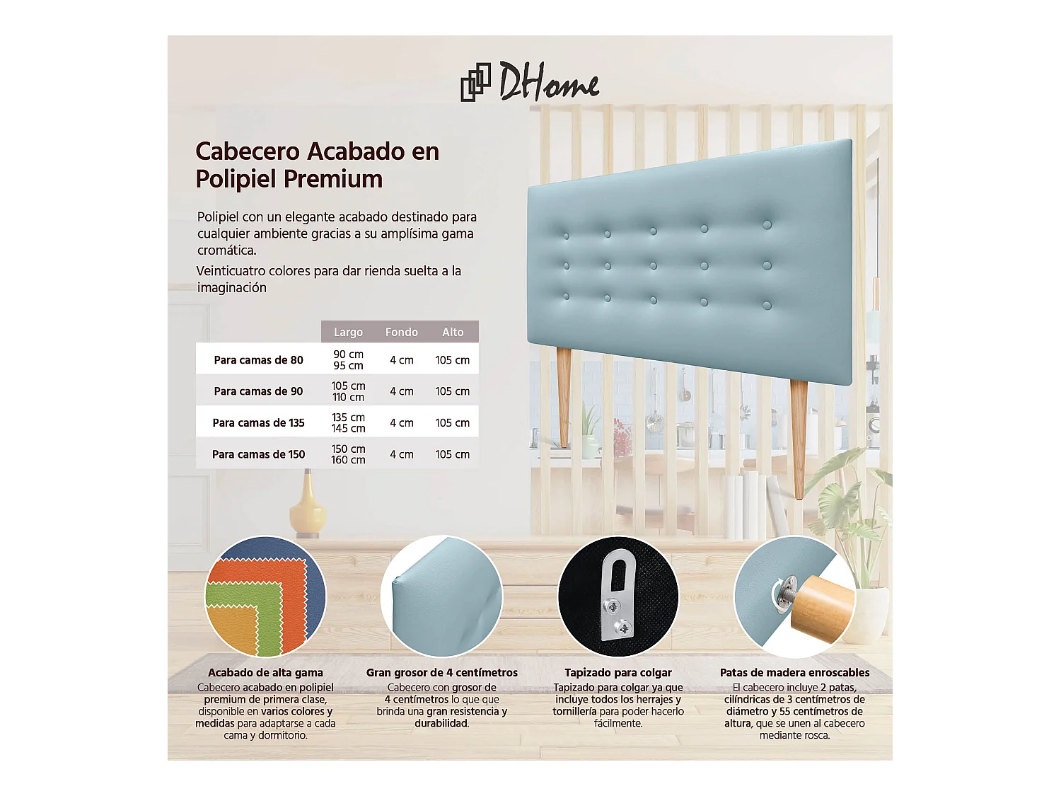 DHOME Testiera in ecopelle con 3 file di bottoni Testiera imbottita per letto di lusso (Celeste, 110cm)