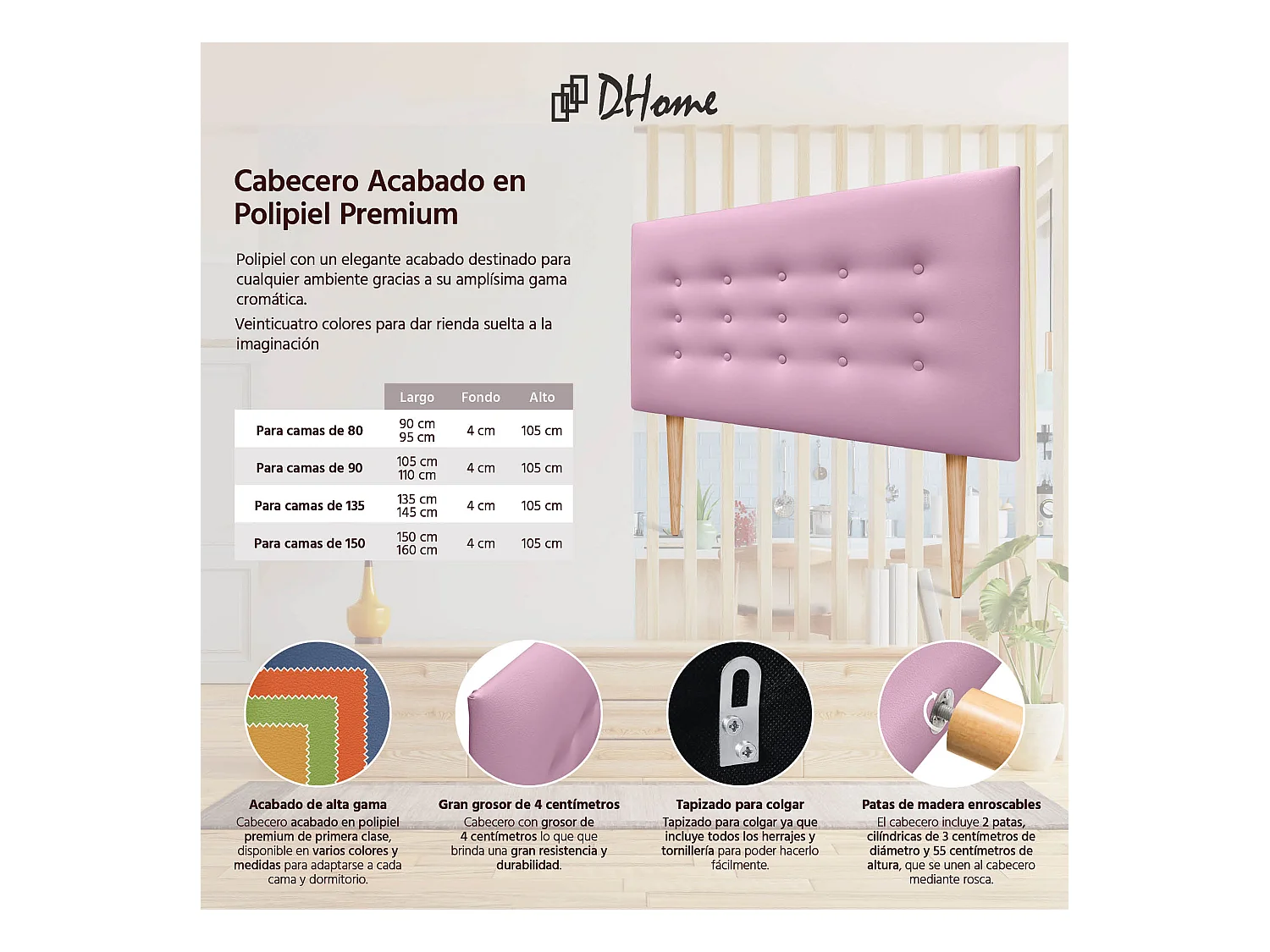 DHOME Testiera in ecopelle con 3 file di bottoni Testiera imbottita per letto di lusso (Rosa, 105cm)