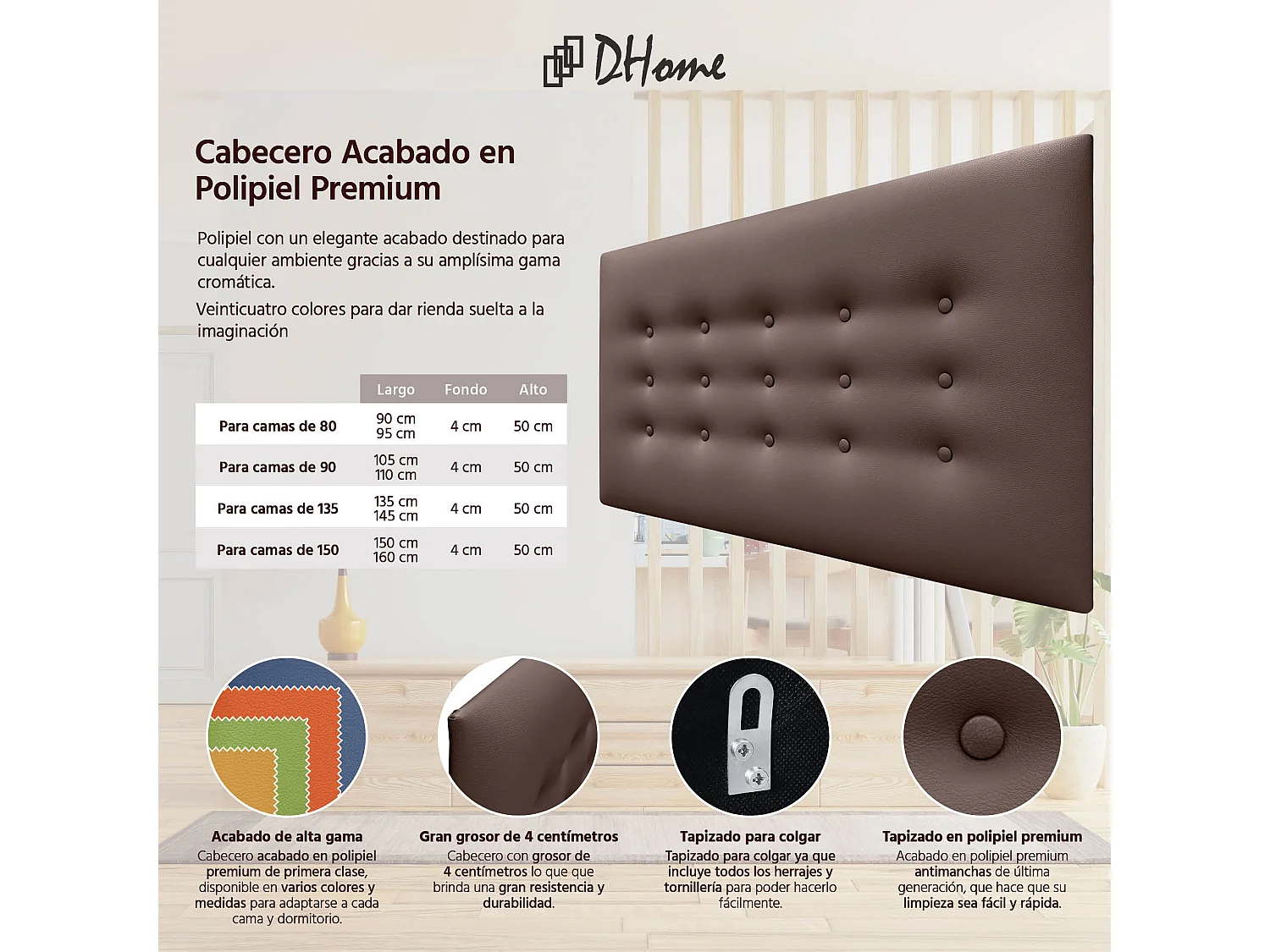 DHOME Tête de Lit en Similicuir avec 3 Rangées de Boutons Tête de Lit Rembourrée de Luxe (Chocolat, 105cm)