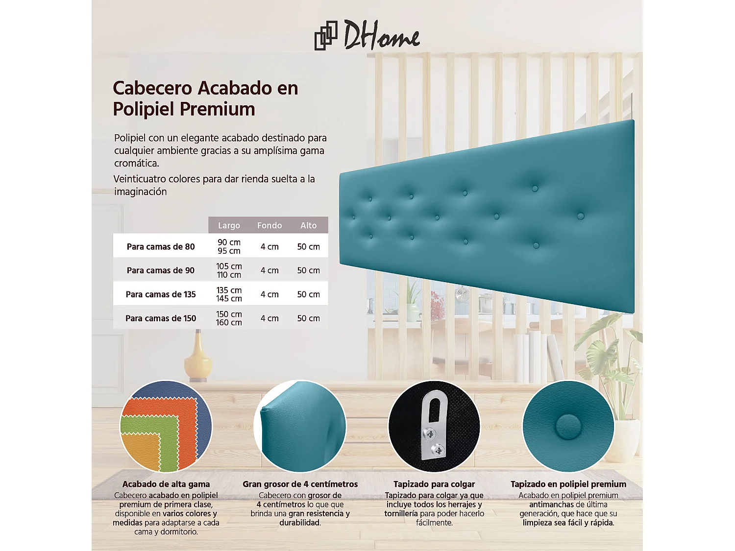 DHOME Tête de Lit en Similicuir avec 3 Rangées de Boutons Entrelacées Tête de Lit Rembourrée de Luxe (Turquoise, 150cm)