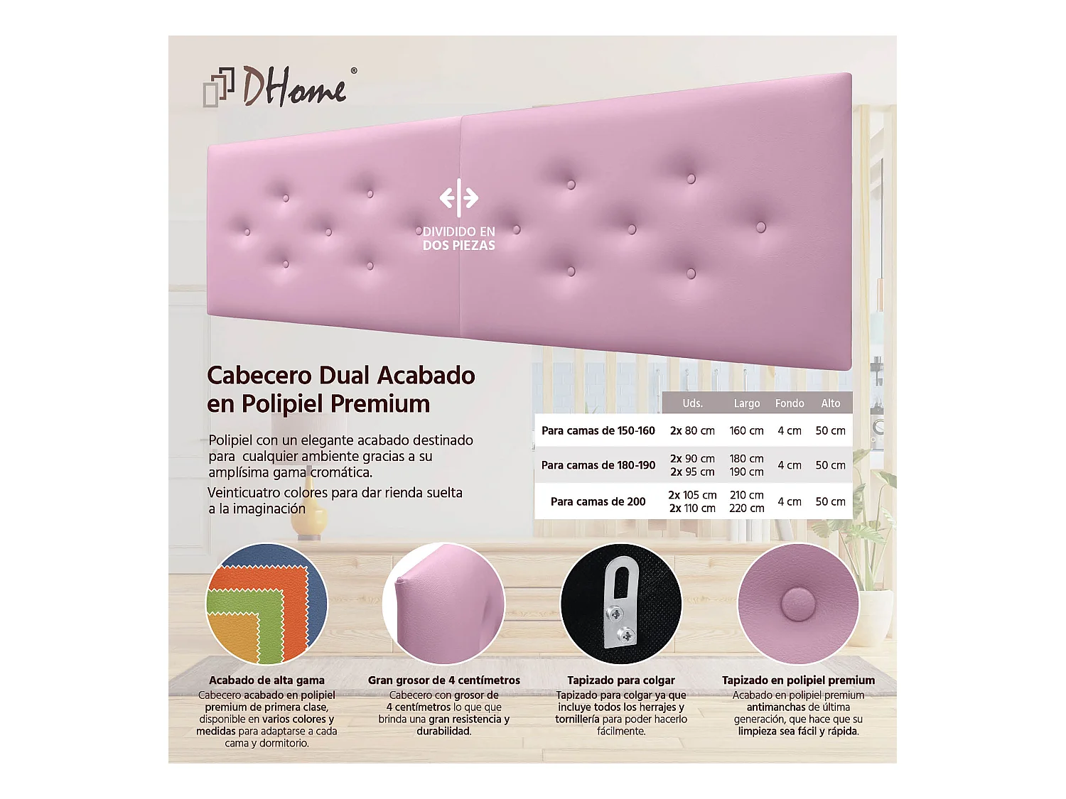 DHOME Tête de Lit en Similicuir avec 3 Rangées de Boutons Entrelacées Tête de Lit Rembourrée de Luxe (Rose, 220cm (2 pièces))