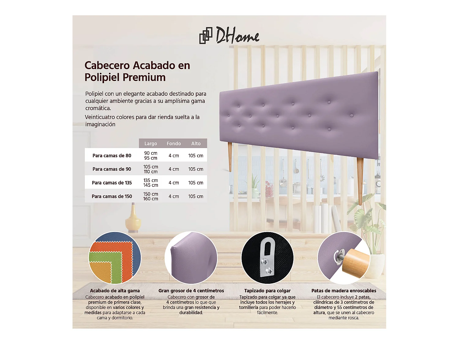 DHOME Tête de lit en simili cuir avec 3 rangées de boutons entrelacés Tête de lit rembourrée pour lit de luxe (Lilas, 145cm)