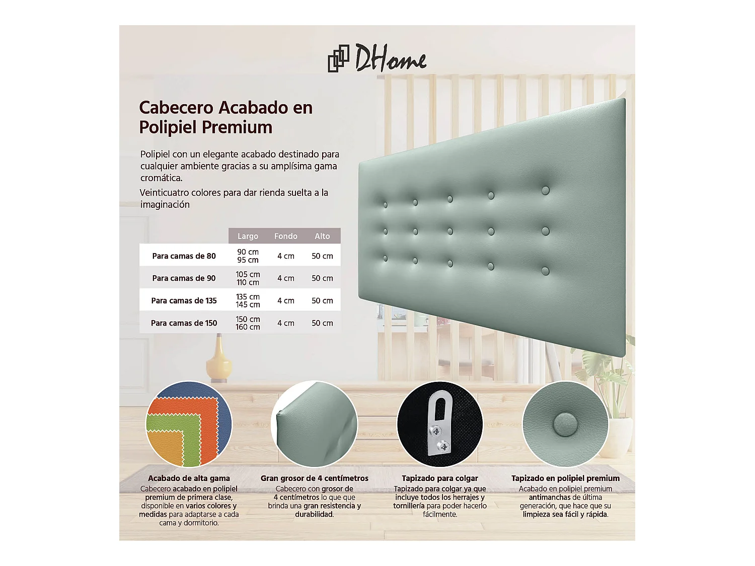 DHOME Kopfteil de Kunstleder mit 3 Knopfreihen gepolstertes luxuriöses Bettkopfteil (Verde Agua, 90cm)