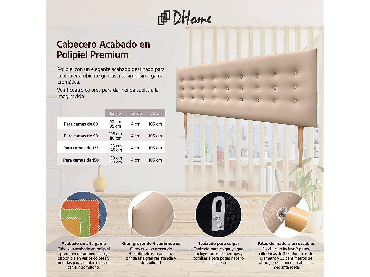 DHOME Hoofdbord de kunstleer met 3 rijen knopen en poten gepolsterd luxe hoofdbord voor bed (Champán, 150cm)