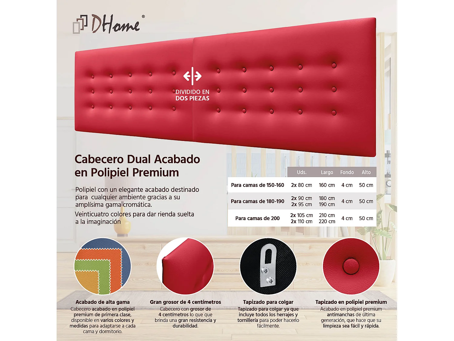 DHOME Hoofdbord de kunstleer met 3 rijen knopen gepolsterd luxe hoofdbord voor bed (Rojo, 180cm (2 piezas))