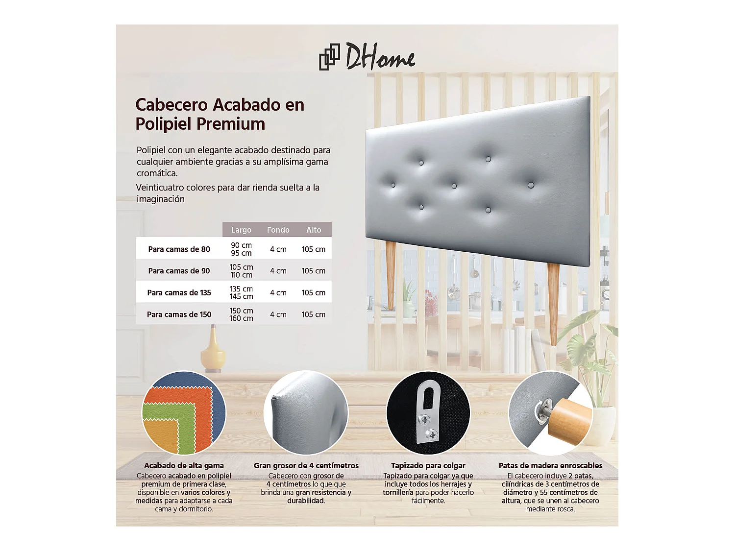 DHOME Tête de lit en simili cuir avec 3 rangées de boutons entrelacés Tête de lit rembourrée pour lit de luxe (Argent, 110cm)