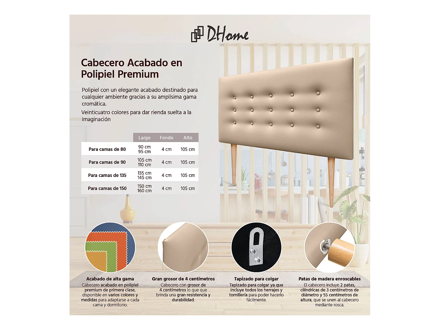 DHOME Testiera in ecopelle con 3 file di bottoni Testiera imbottita per letto di lusso (Champagne, 90cm)