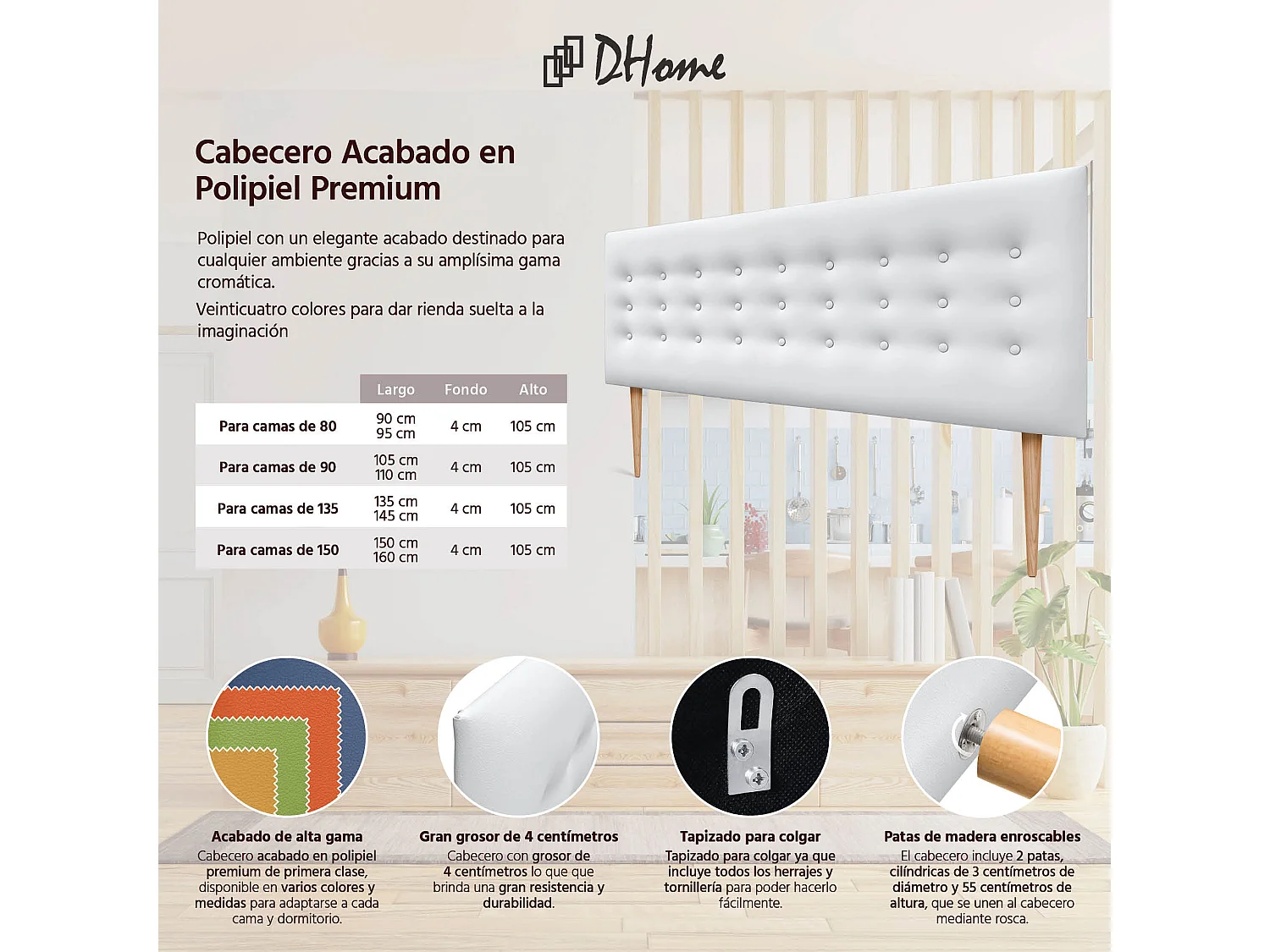 DHOME Tête de lit en simili cuir avec 3 rangées de boutons Tête de lit rembourrée pour lit de luxe (Blanc, 145cm)