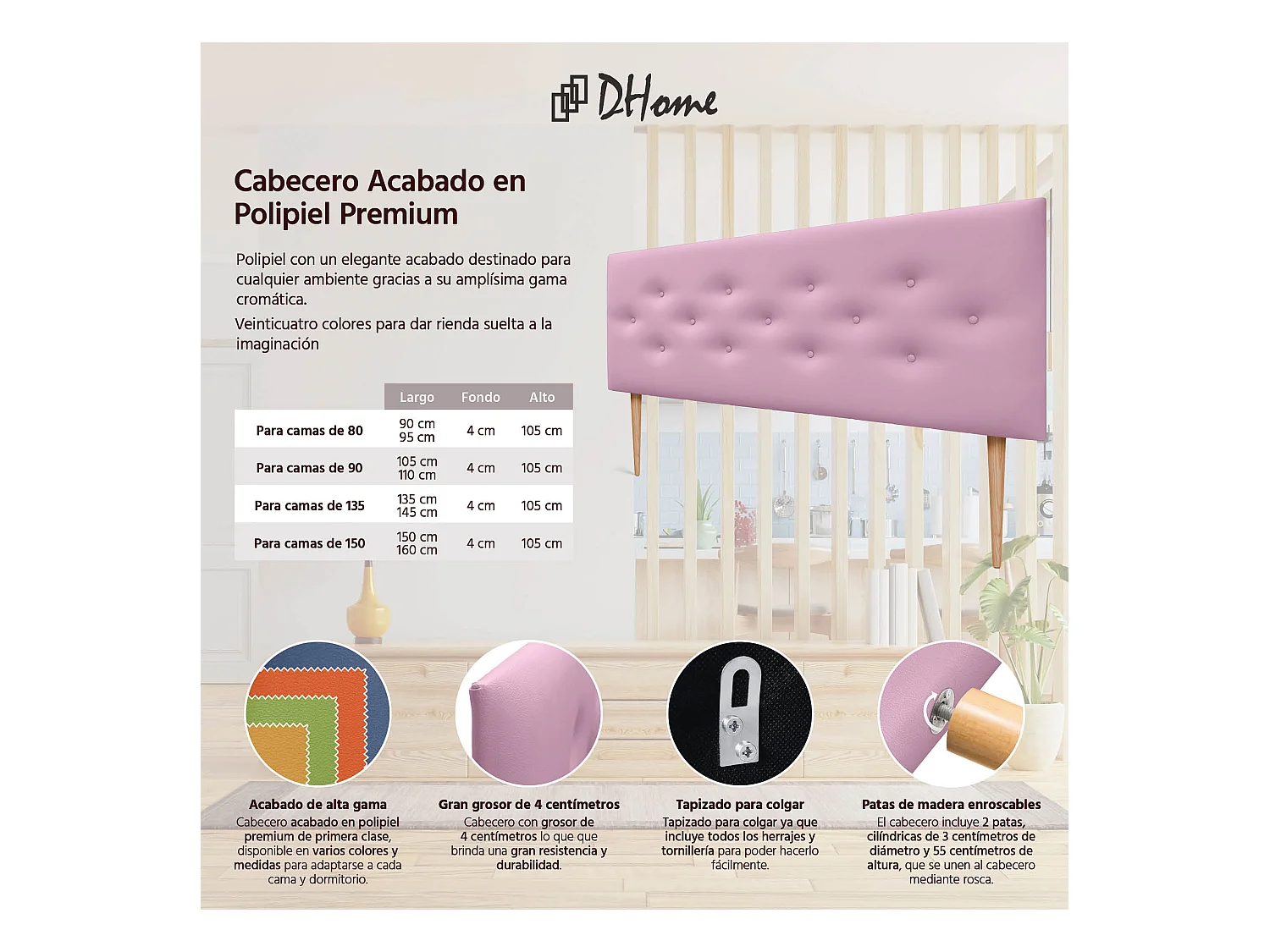 DHOME Tête de lit en simili cuir avec 3 rangées de boutons entrelacés Tête de lit rembourrée pour lit de luxe (Rose, 150cm)