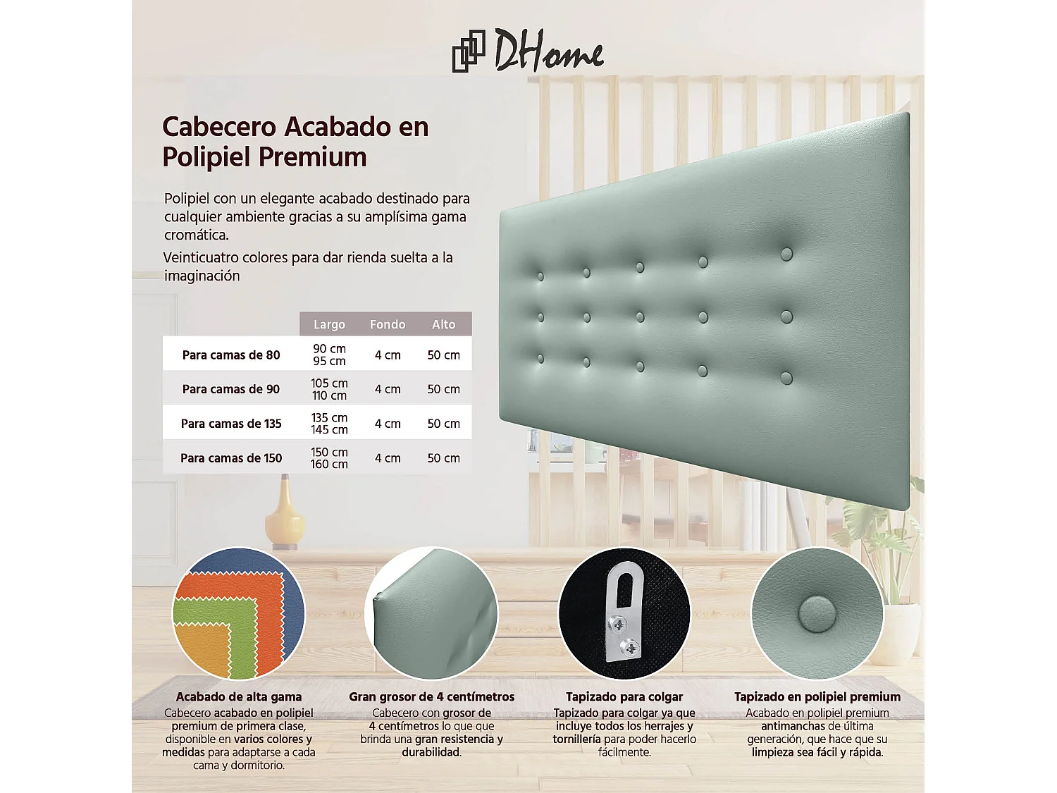 DHOME Hoofdbord de kunstleer met 3 rijen knopen gepolsterd luxe hoofdbord voor bed (Verde Agua, 95cm)