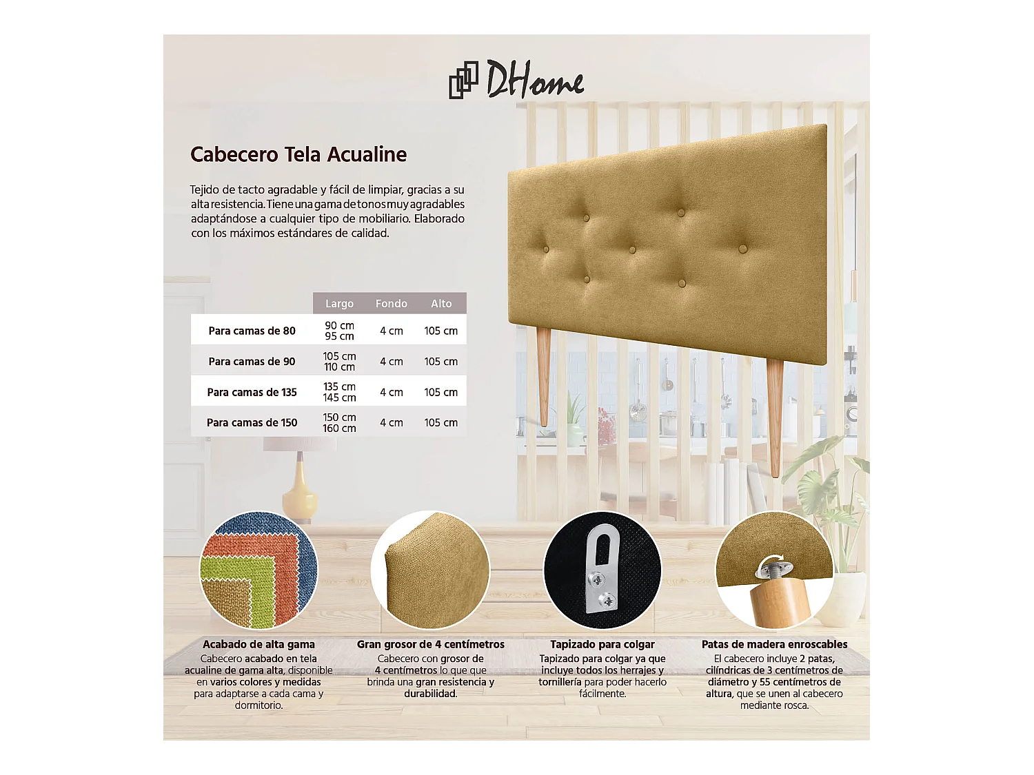 DHOME Tête de Lit en Tissu ACUALINE avec 3 Rangées Entrelacées de Boutons et Pieds Tête de Lit Capitonnée de Luxe(Moutarde, 105cm)