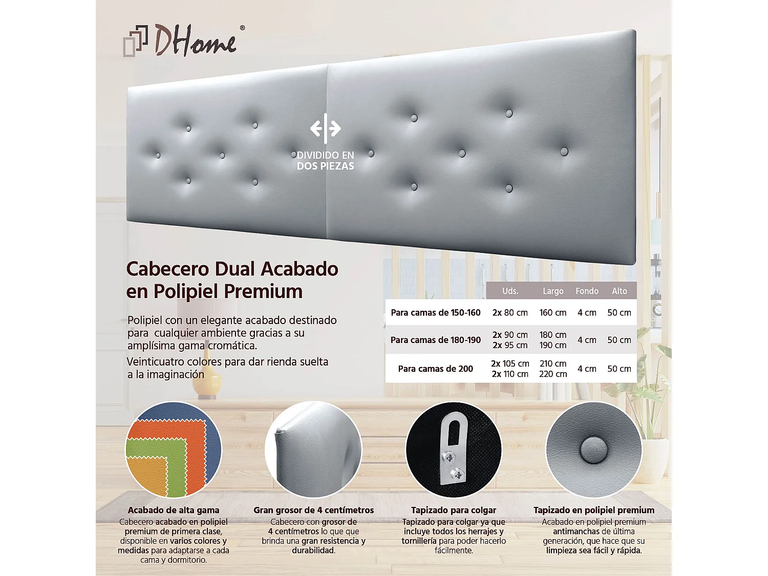 DHOME Tête de Lit en Similicuir avec 3 Rangées de Boutons Entrelacées Tête de Lit Rembourrée de Luxe (Argent, 160cm (2 pièces))