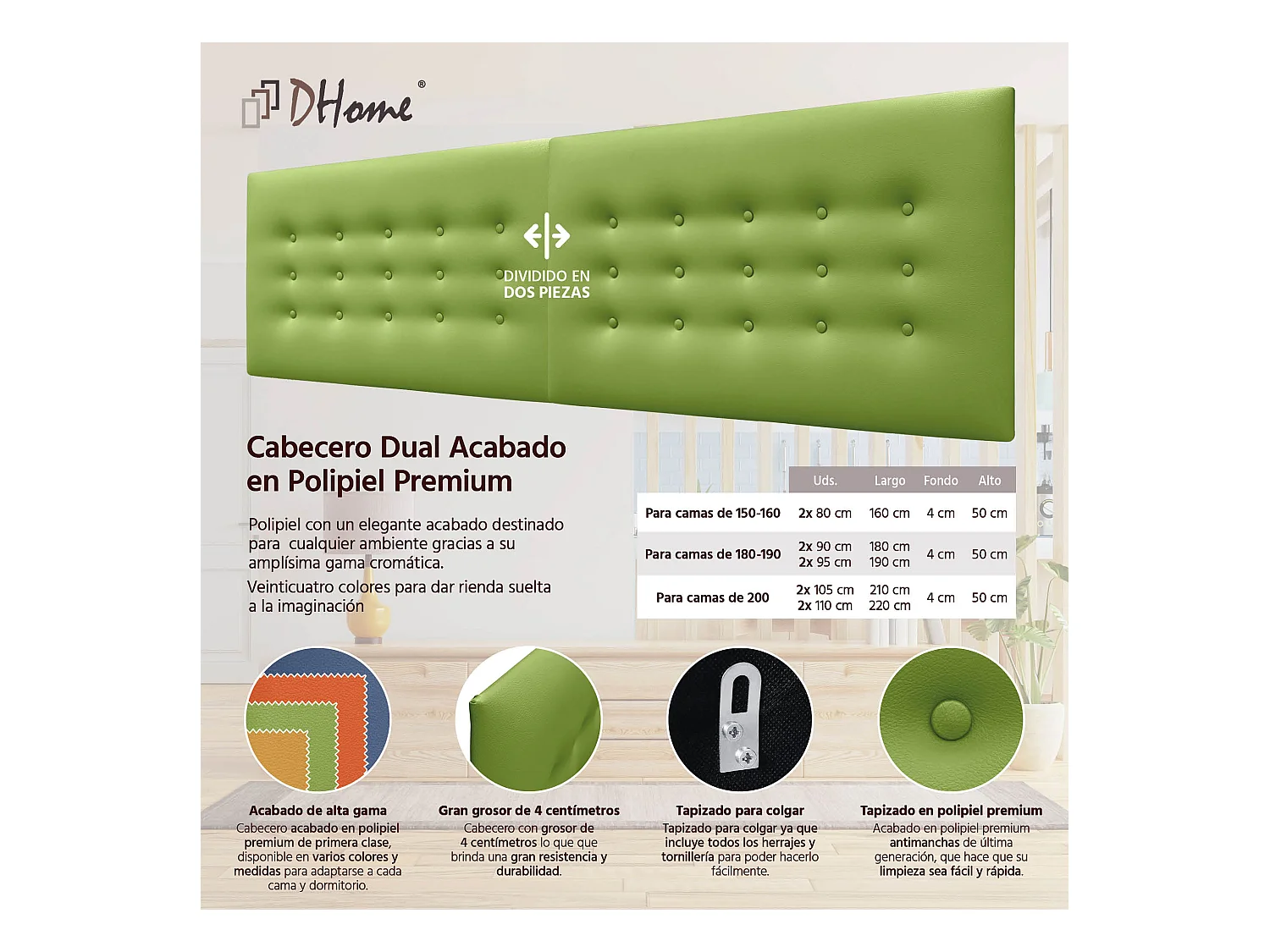 DHOME Kopfteil de Kunstleder mit 3 Knopfreihen gepolstertes luxuriöses Bettkopfteil (Verde, 180cm (2 piezas))