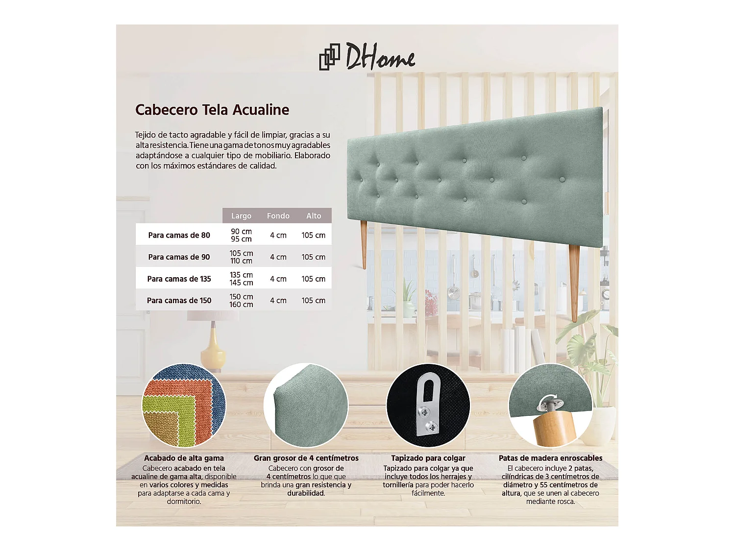 DHOME Tête de Lit en Tissu ACUALINE avec 3 Rangées Entrelacées de Boutons et Pieds Tête de Lit Capitonnée de Luxe(Vert d’eau, 145cm)