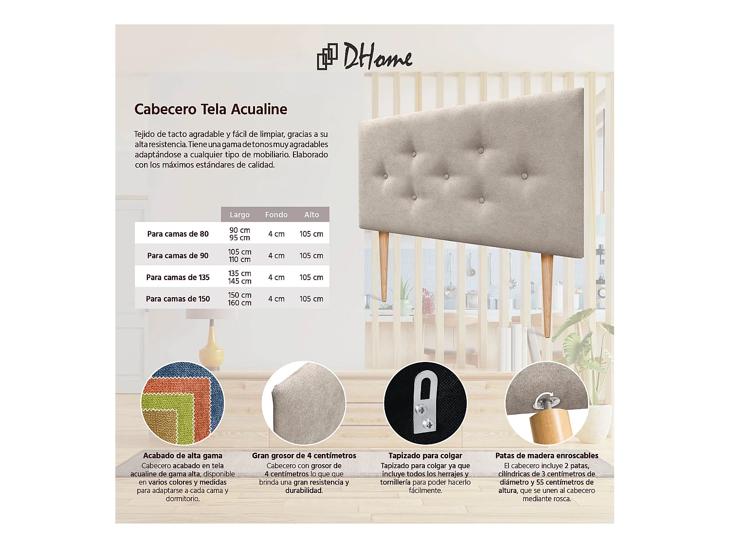 DHOME Tête de Lit en Tissu ACUALINE avec 3 Rangées Entrelacées de Boutons et Pieds Tête de Lit Capitonnée de Luxe(Beige, 95cm)