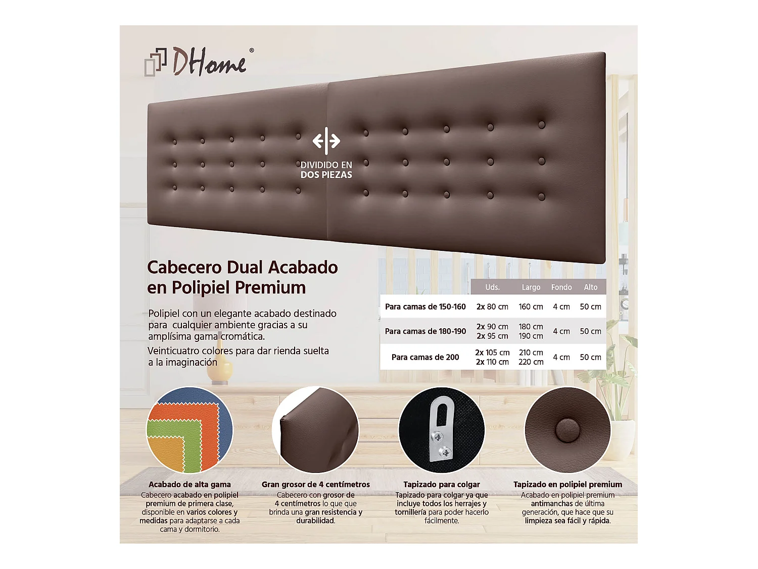 DHOME Kopfteil de Kunstleder mit 3 Knopfreihen gepolstertes luxuriöses Bettkopfteil (Chocolate, 210cm (2 piezas))