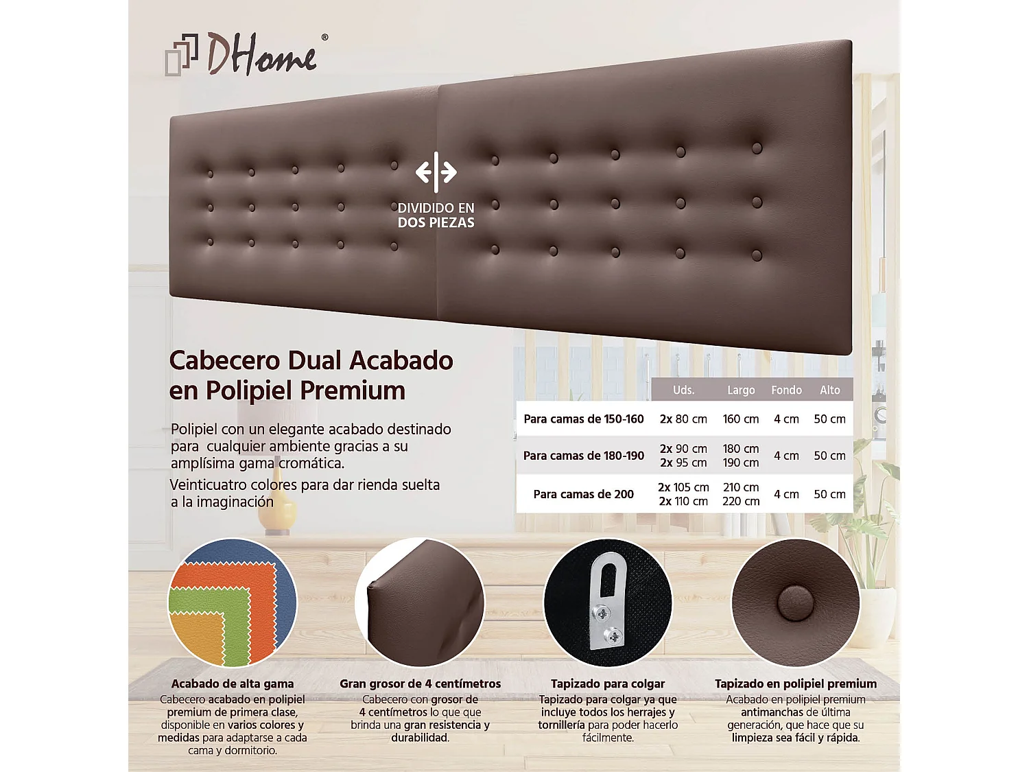 DHOME Tête de Lit en Similicuir avec 3 Rangées de Boutons Tête de Lit Rembourrée de Luxe (Chocolat, 210cm (2 pièces))