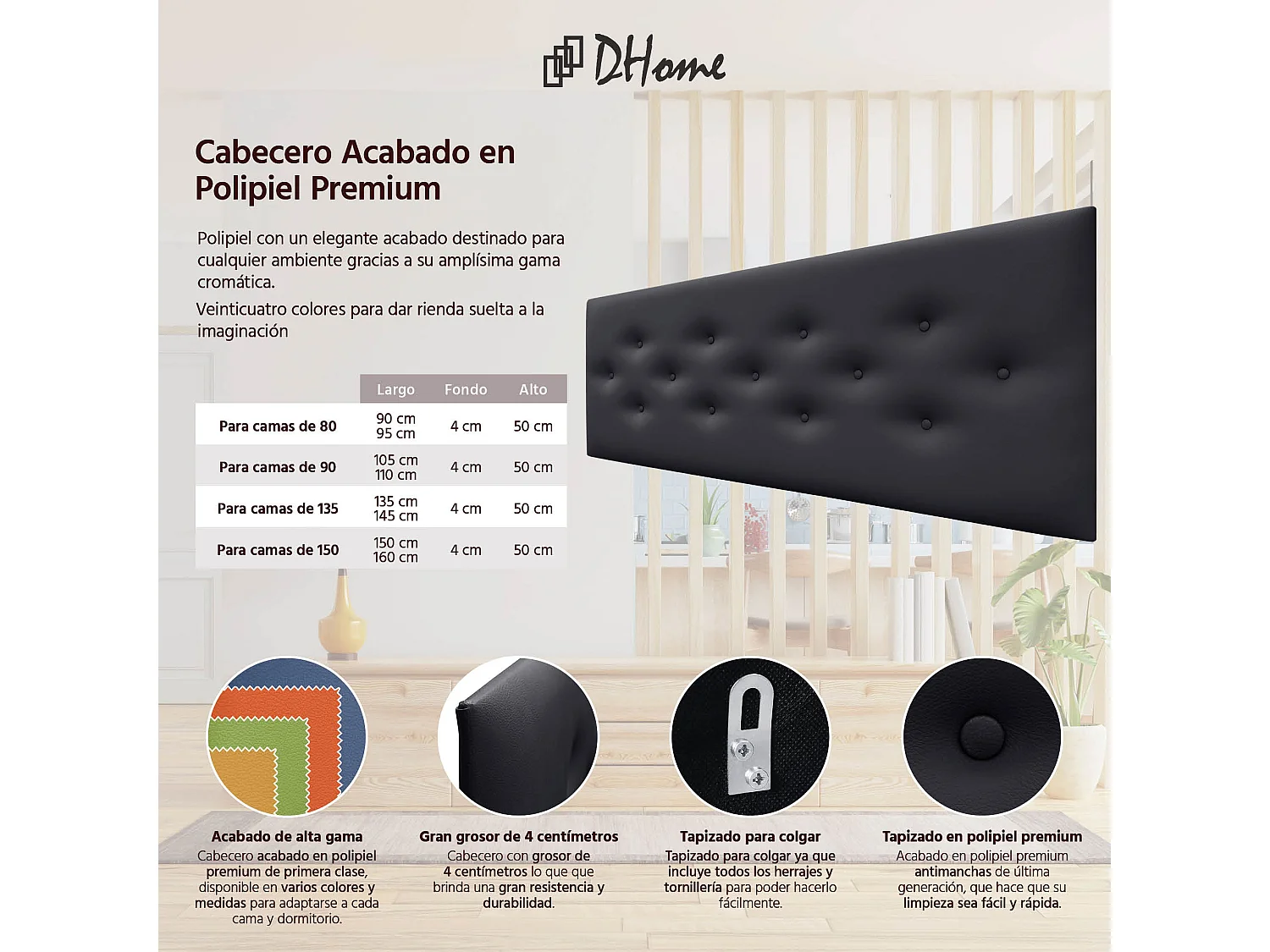 DHOME Tête de Lit en Similicuir avec 3 Rangées de Boutons Entrelacées Tête de Lit Rembourrée de Luxe (Noir, 145cm)