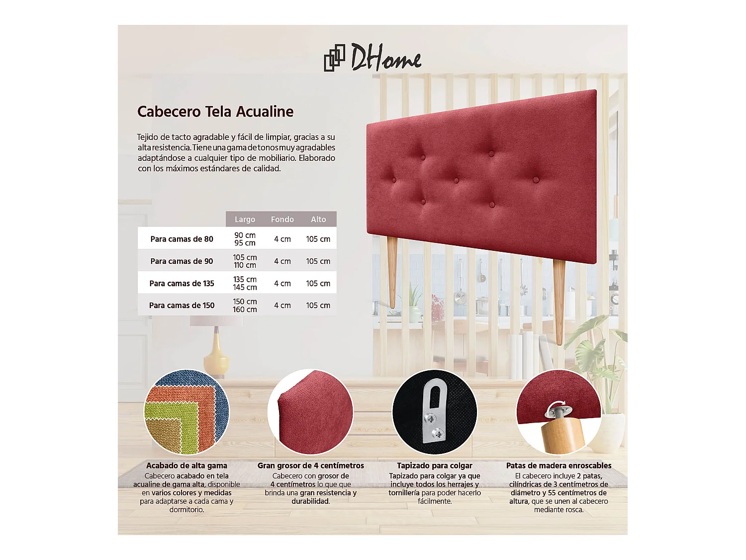 DHOME Tête de Lit en Tissu ACUALINE avec 3 Rangées Entrelacées de Boutons et Pieds Tête de Lit Capitonnée de Luxe(Rouge, 105cm)