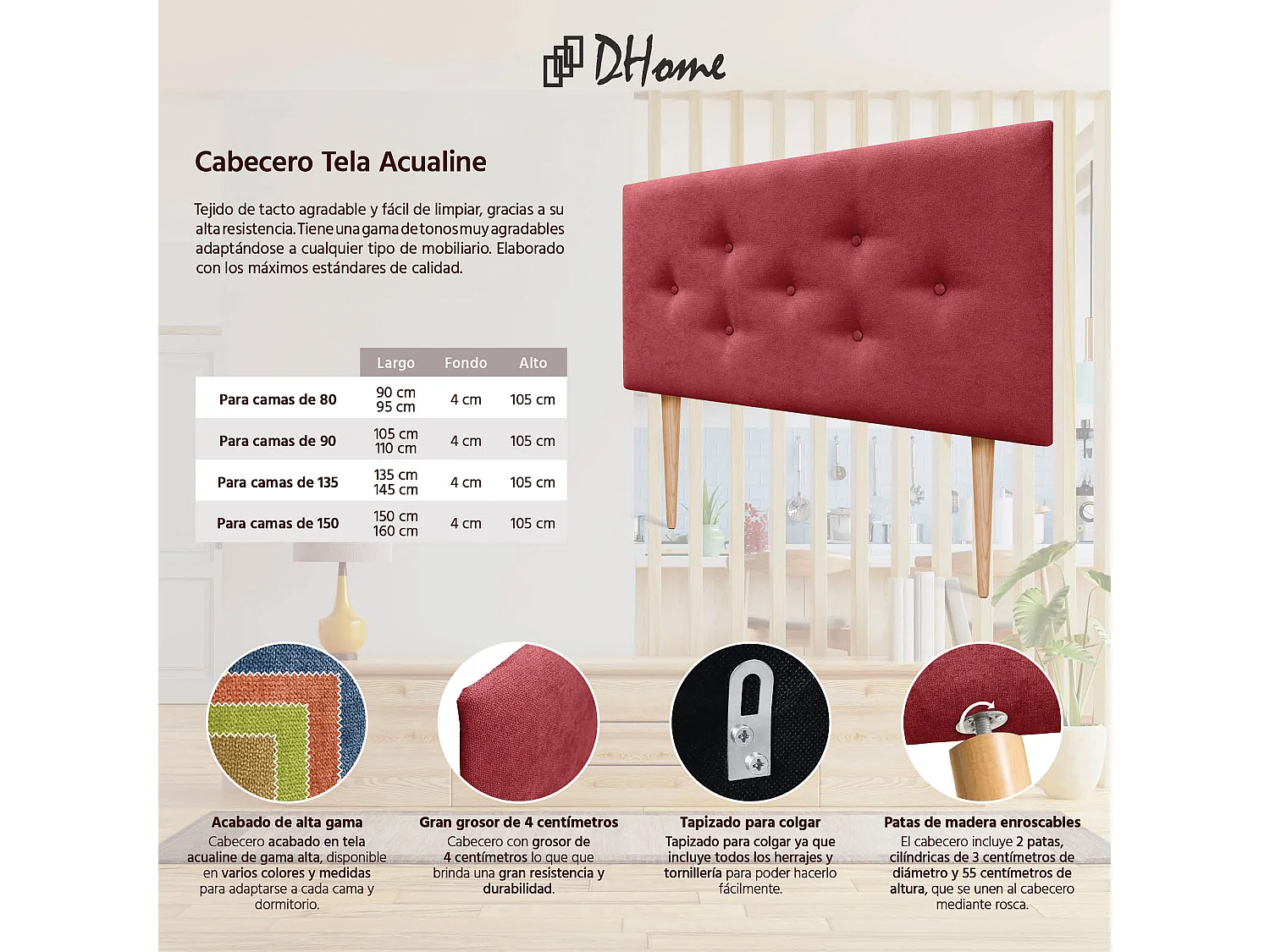 DHOME Tête de Lit en Tissu ACUALINE avec 3 Rangées Entrelacées de Boutons et Pieds Tête de Lit Capitonnée de Luxe(Rouge, 105cm)
