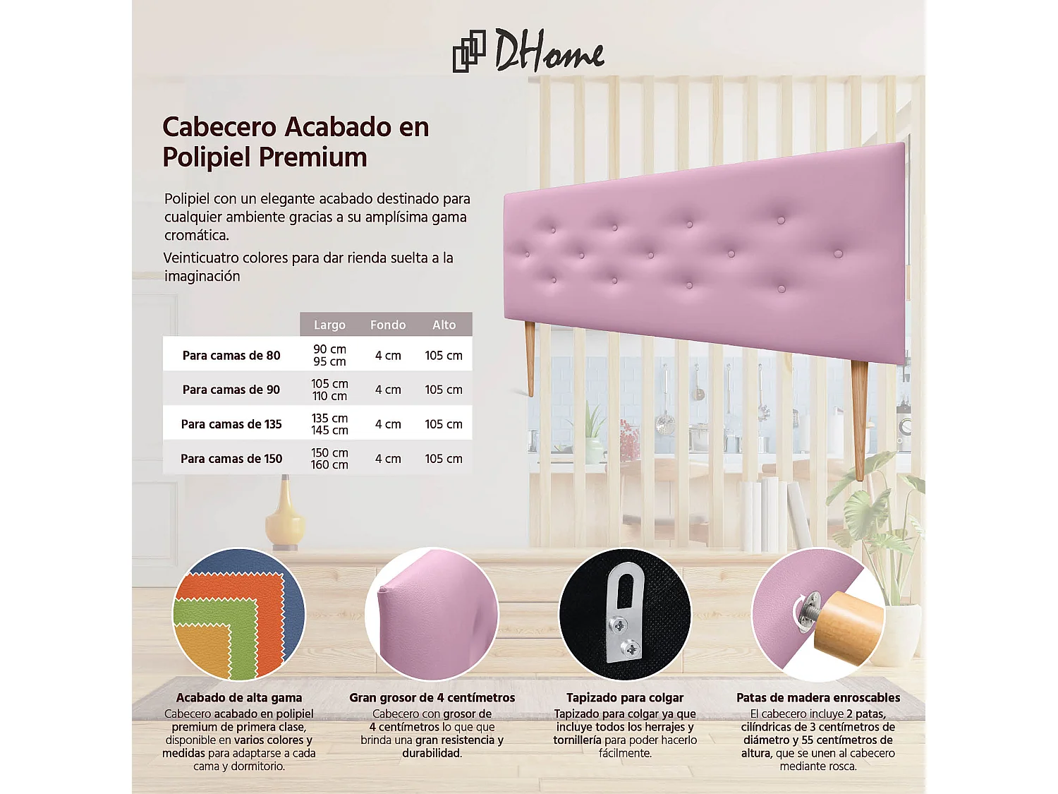 DHOME Tête de lit en simili cuir avec 3 rangées de boutons entrelacés Tête de lit rembourrée pour lit de luxe (Rose, 145cm)