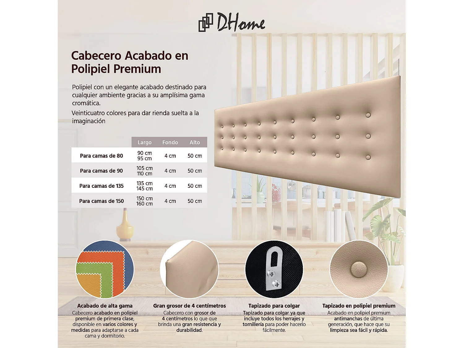 DHOME Tête de Lit en Similicuir avec 3 Rangées de Boutons Tête de Lit Rembourrée de Luxe (Champagne, 150cm)