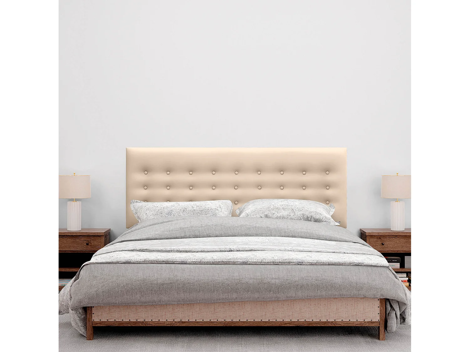 DHOME Tête de Lit en Similicuir avec 3 Rangées de Boutons Tête de Lit Rembourrée de Luxe (Champagne, 150cm)