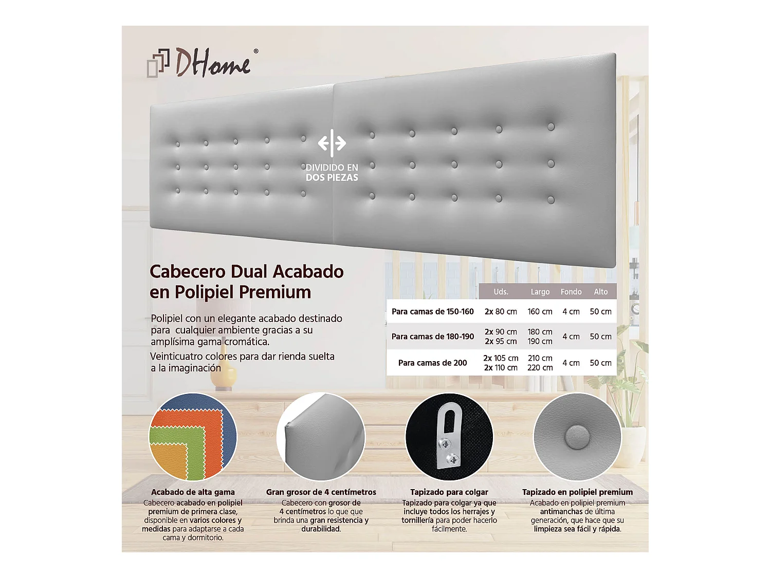 DHOME Kopfteil de Kunstleder mit 3 Knopfreihen gepolstertes luxuriöses Bettkopfteil (Gris Claro, 210cm (2 piezas))