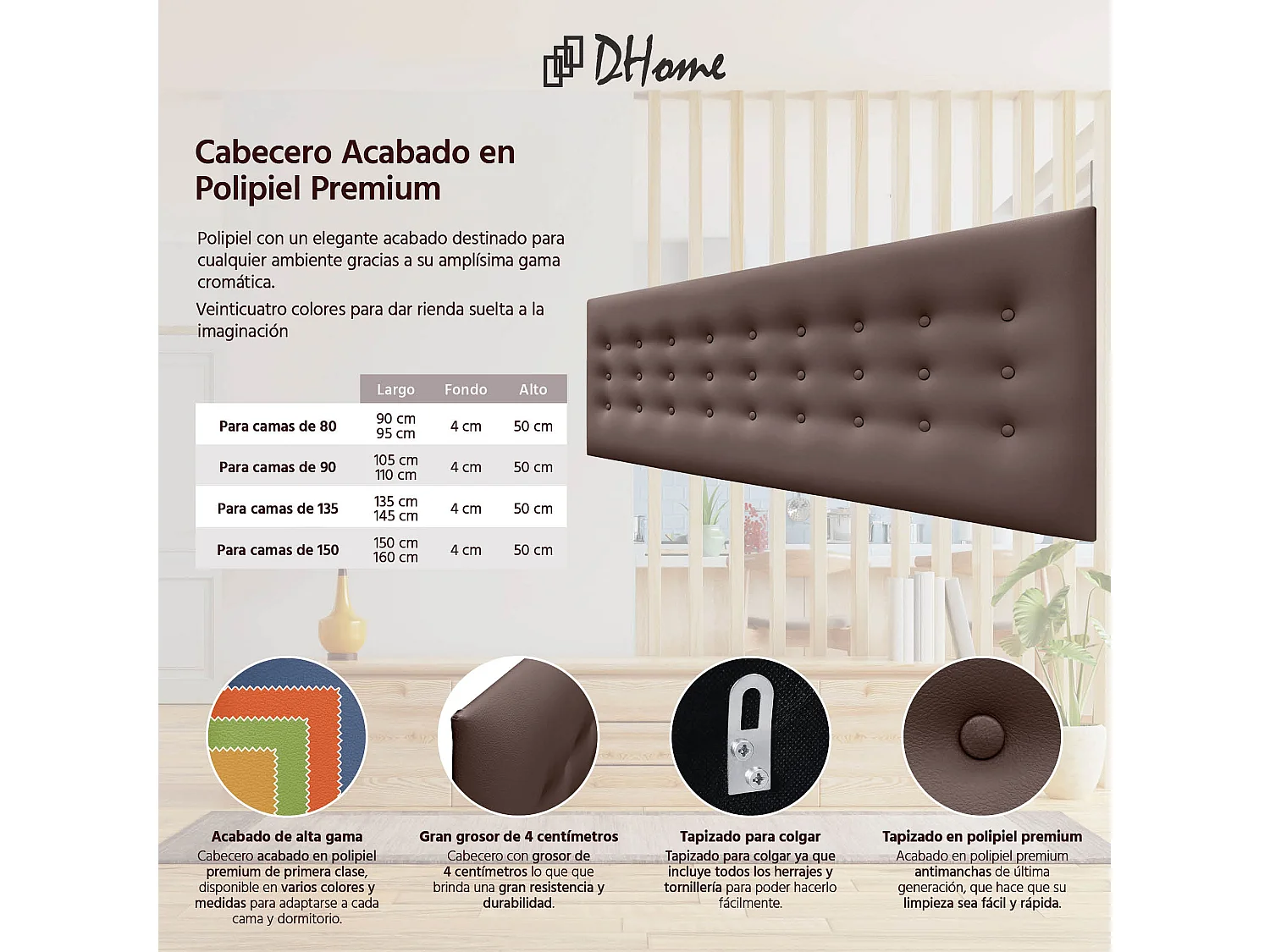 DHOME Cabeceira de Polipele com 3 Fileiras de Botões Cabeceira Estofada de Cama Luxuosa (Chocolate, 135cm)