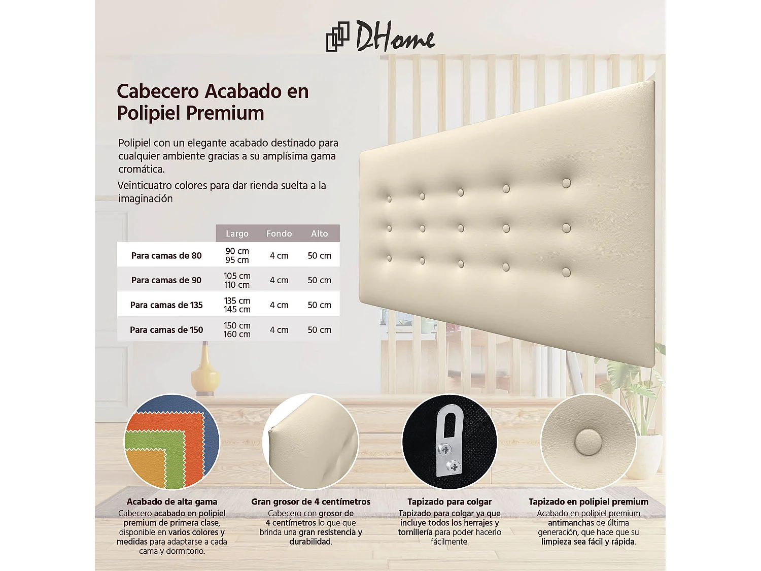 DHOME Tête de Lit en Similicuir avec 3 Rangées de Boutons Tête de Lit Rembourrée de Luxe (Vanille, 105cm)