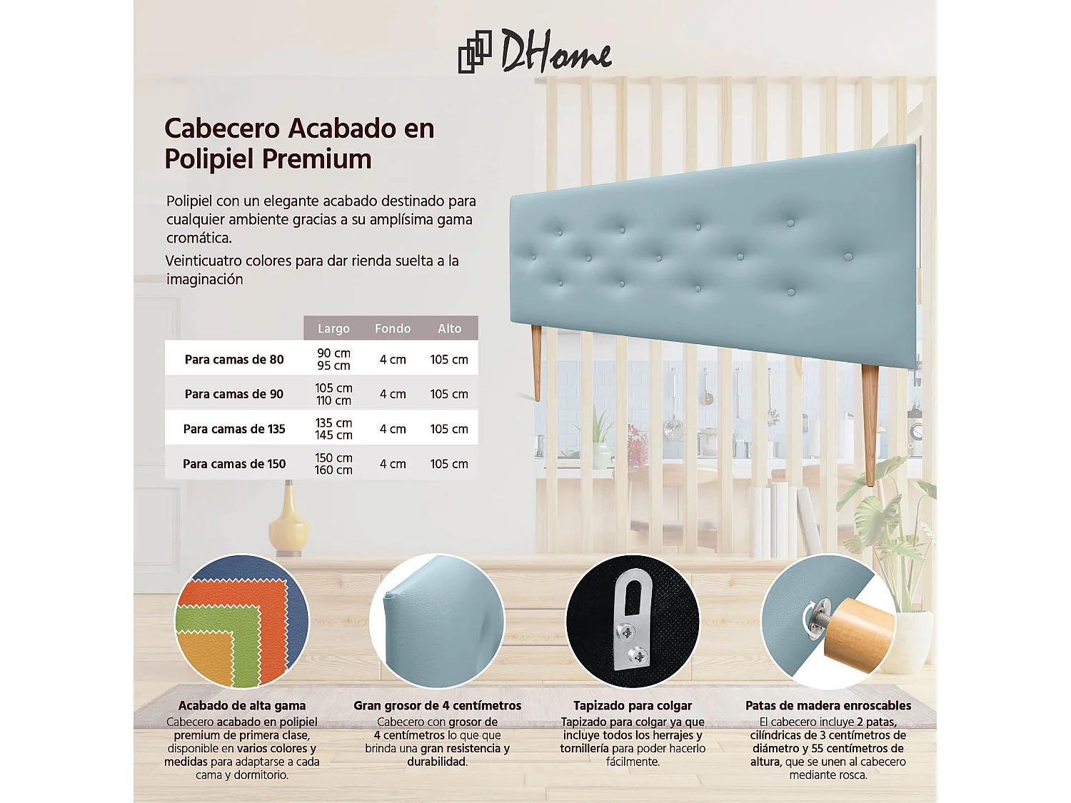 DHOME Testiera in ecopelle con 3 file di bottoni intrecciati Testiera imbottita per letto di lusso (Celeste, 160cm)