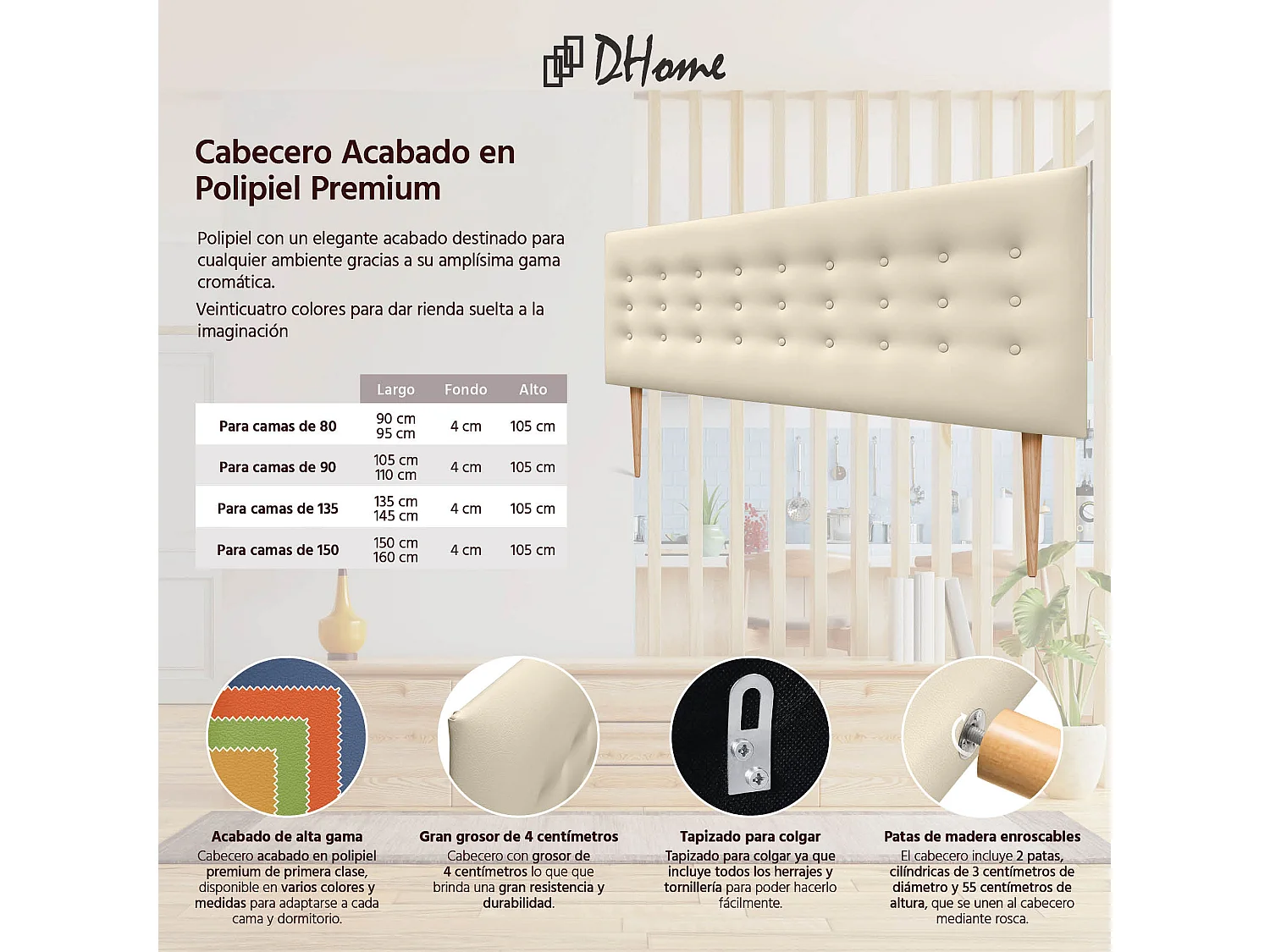 DHOME Tête de lit en simili cuir avec 3 rangées de boutons Tête de lit rembourrée pour lit de luxe (Vanille, 145cm)