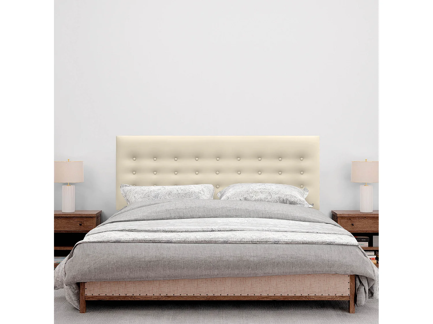 DHOME Tête de lit en simili cuir avec 3 rangées de boutons Tête de lit rembourrée pour lit de luxe (Vanille, 145cm)