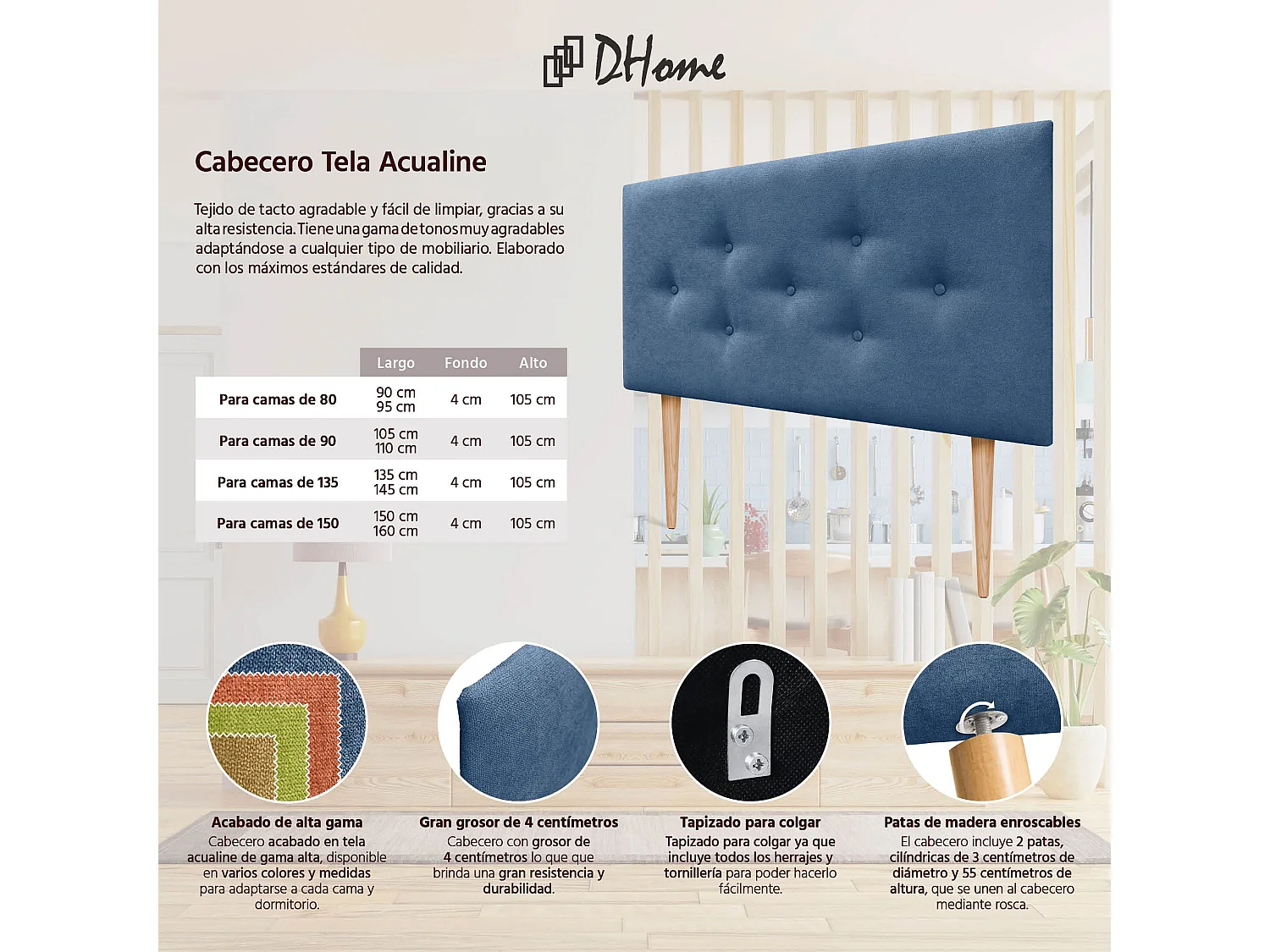 DHOME Tête de Lit en Tissu ACUALINE avec 3 Rangées Entrelacées de Boutons et Pieds Tête de Lit Capitonnée de Luxe(Bleu, 105cm)