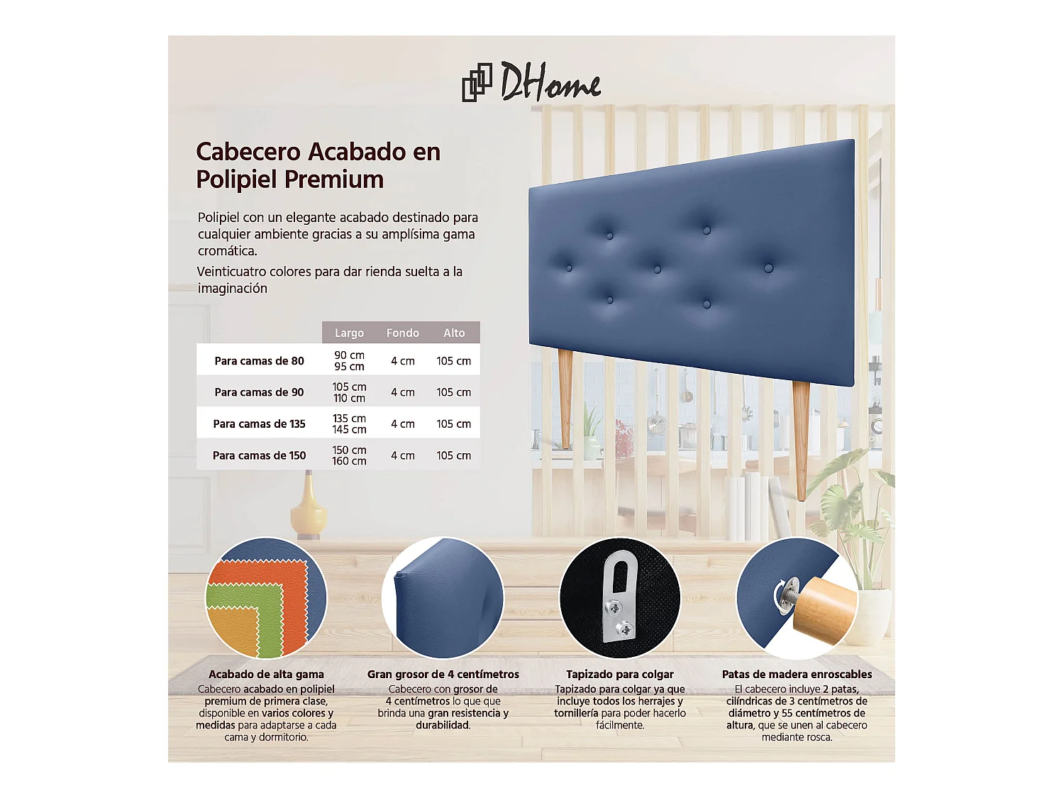 DHOME Tête de lit en simili cuir avec 3 rangées de boutons entrelacés Tête de lit rembourrée pour lit de luxe (Bleu, 90cm)