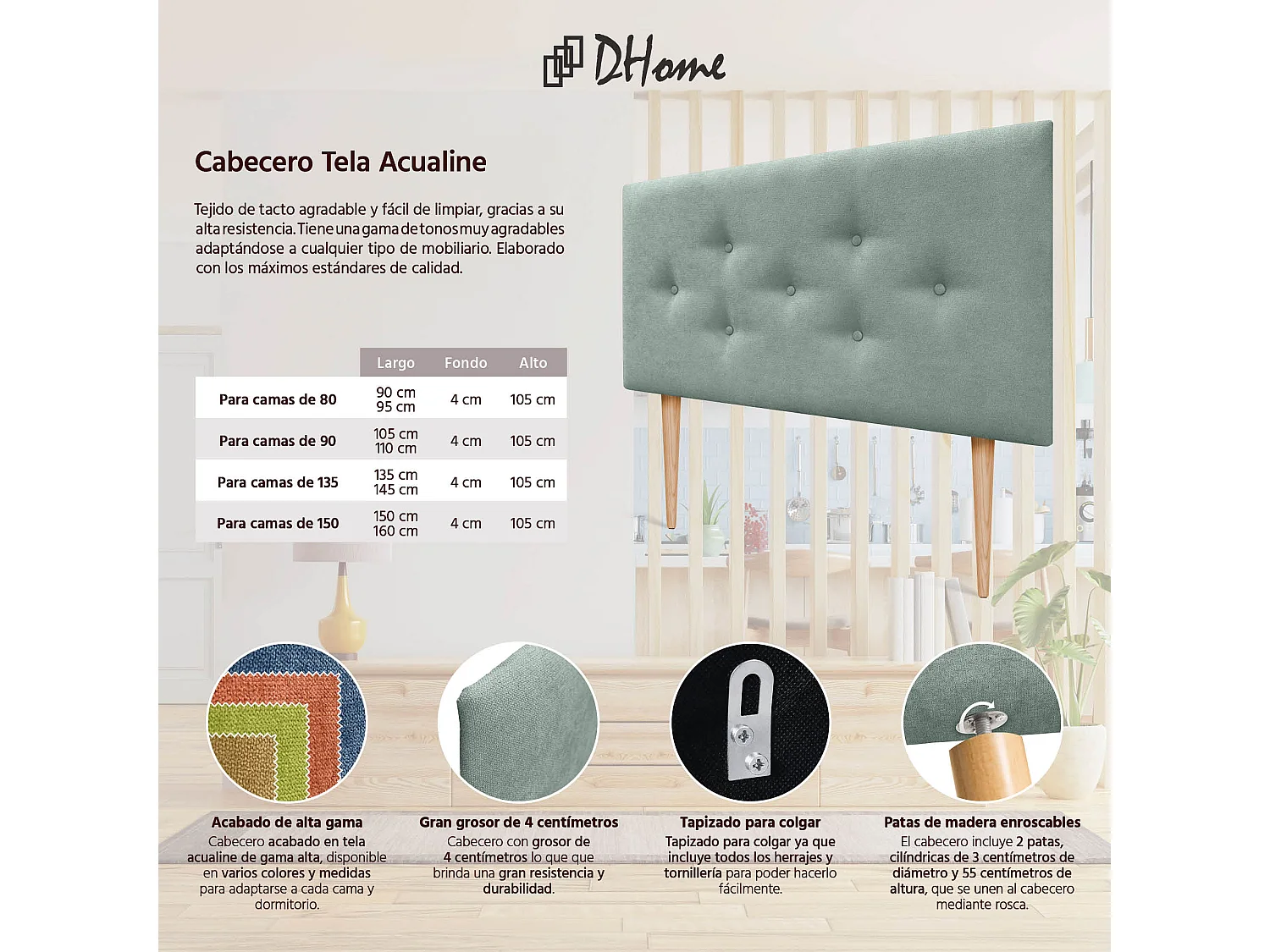 DHOME Tête de Lit en Tissu ACUALINE avec 3 Rangées Entrelacées de Boutons et Pieds Tête de Lit Capitonnée de Luxe(Vert d’eau, 105cm)