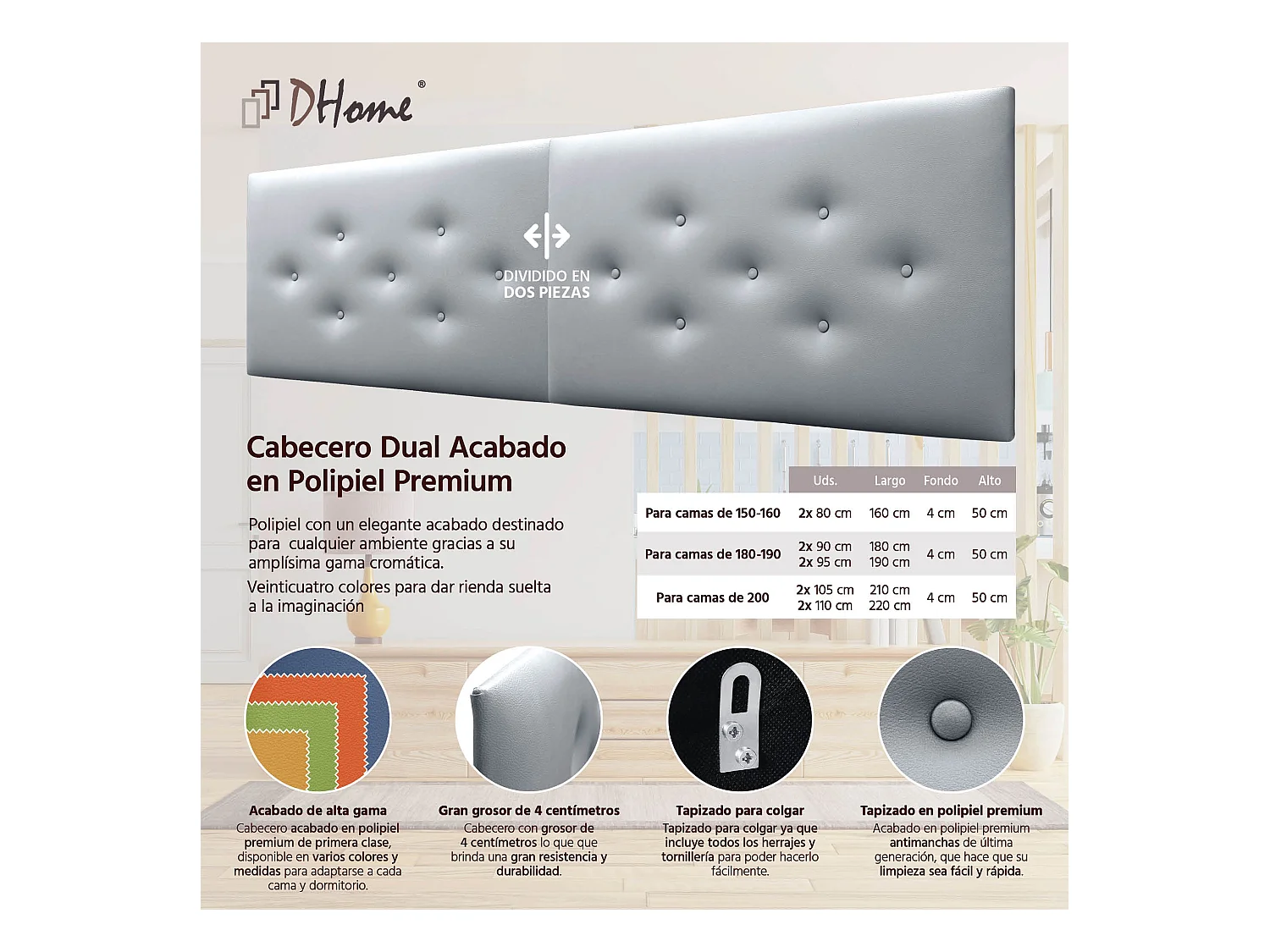 DHOME Tête de Lit en Similicuir avec 3 Rangées de Boutons Entrelacées Tête de Lit Rembourrée de Luxe (Argent, 180cm (2 pièces))