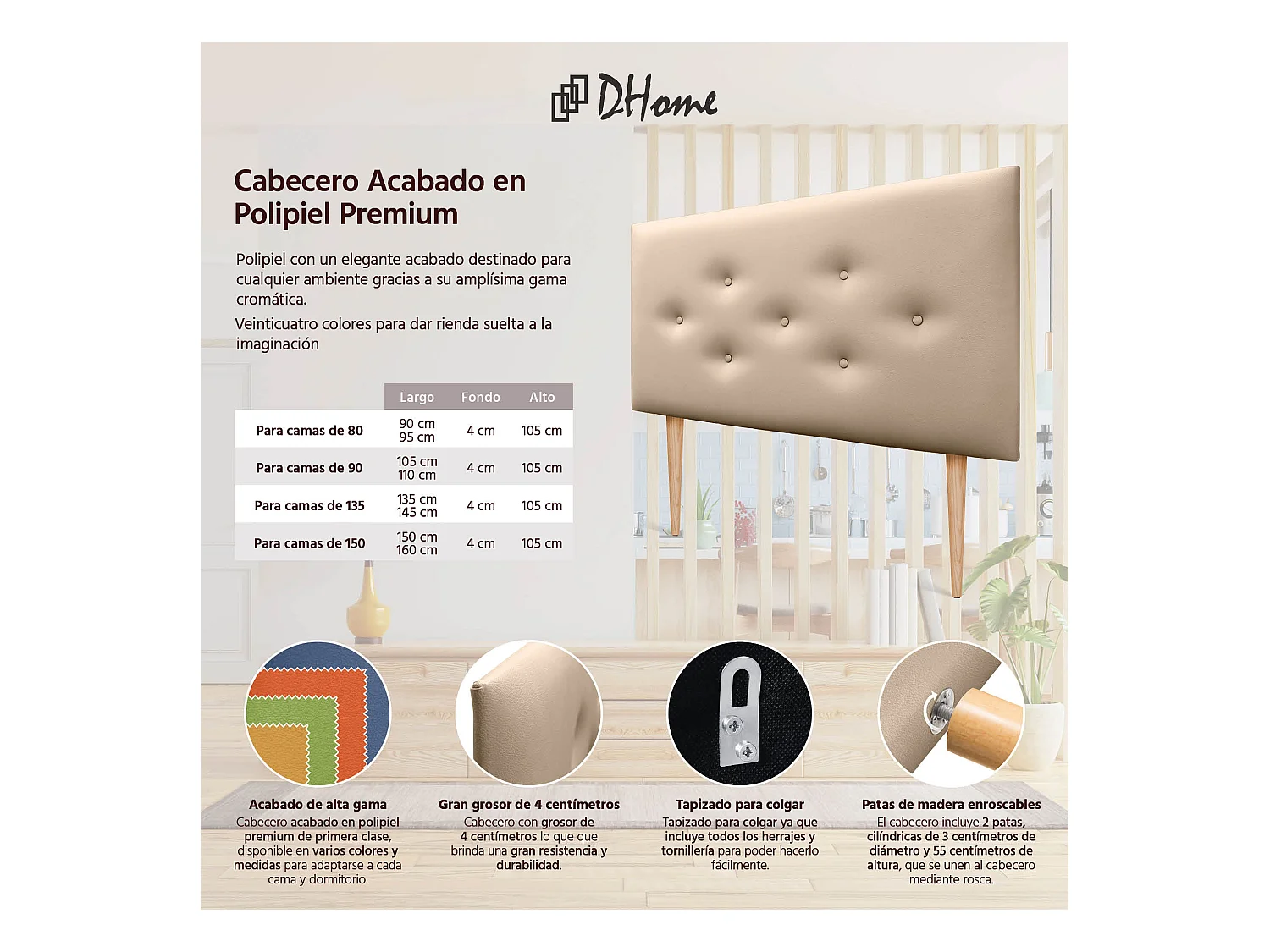 DHOME Tête de lit en simili cuir avec 3 rangées de boutons entrelacés Tête de lit rembourrée pour lit de luxe (Champagne, 90cm)