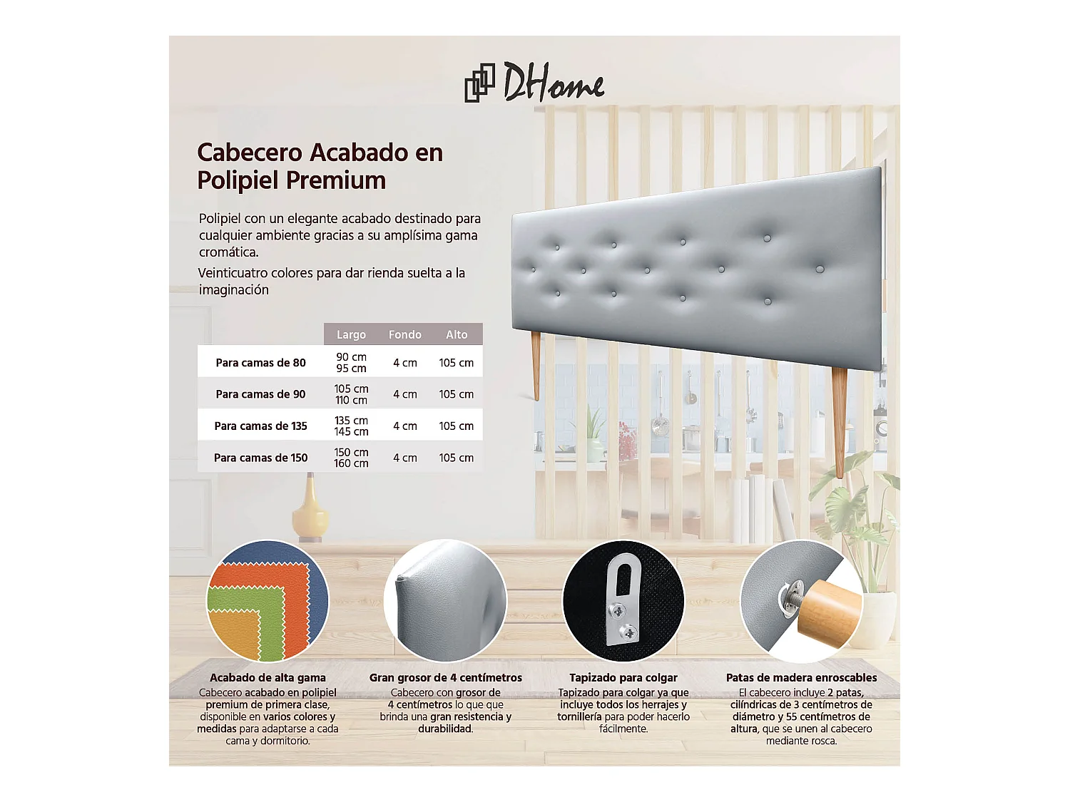 DHOME Tête de lit en simili cuir avec 3 rangées de boutons entrelacés Tête de lit rembourrée pour lit de luxe (Argent, 135cm)