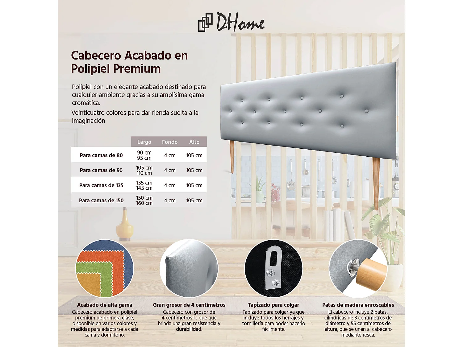 DHOME Cabeceira em couro sintético com 3 fileiras de botões entrelaçados Cabeceira estofada para cama de luxo (Prata, 135cm)