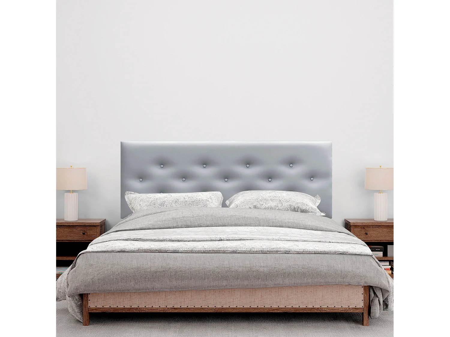 DHOME Cabeceira em couro sintético com 3 fileiras de botões entrelaçados Cabeceira estofada para cama de luxo (Prata, 135cm)