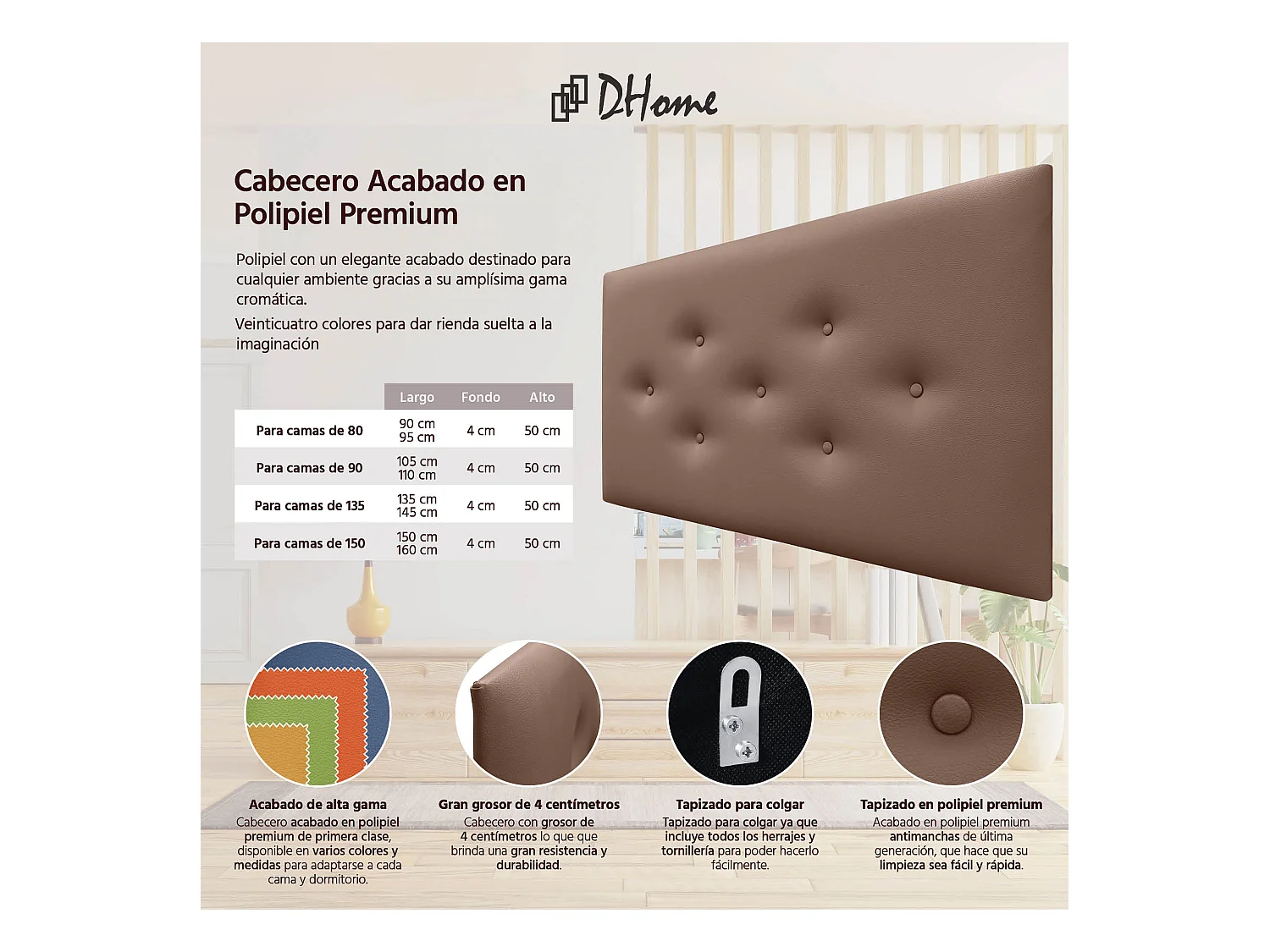 DHOME Tête de Lit en Similicuir avec 3 Rangées de Boutons Entrelacées Tête de Lit Rembourrée de Luxe (Beige, 95cm)